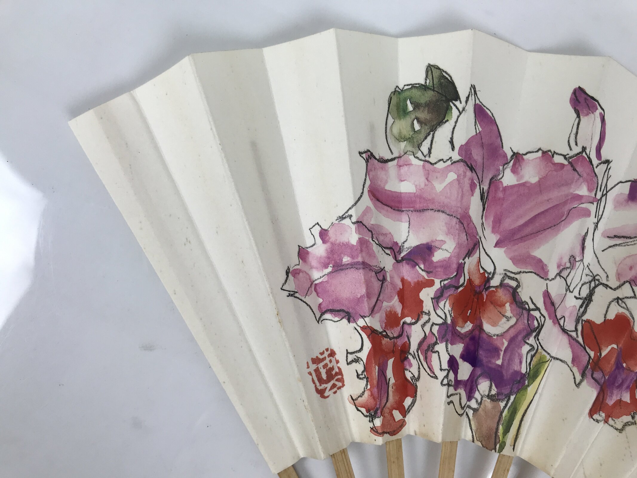 Japanese Paper Folding Fan Sensu Vtg Flowers Drawing Purple Bamboo Frame 4D993