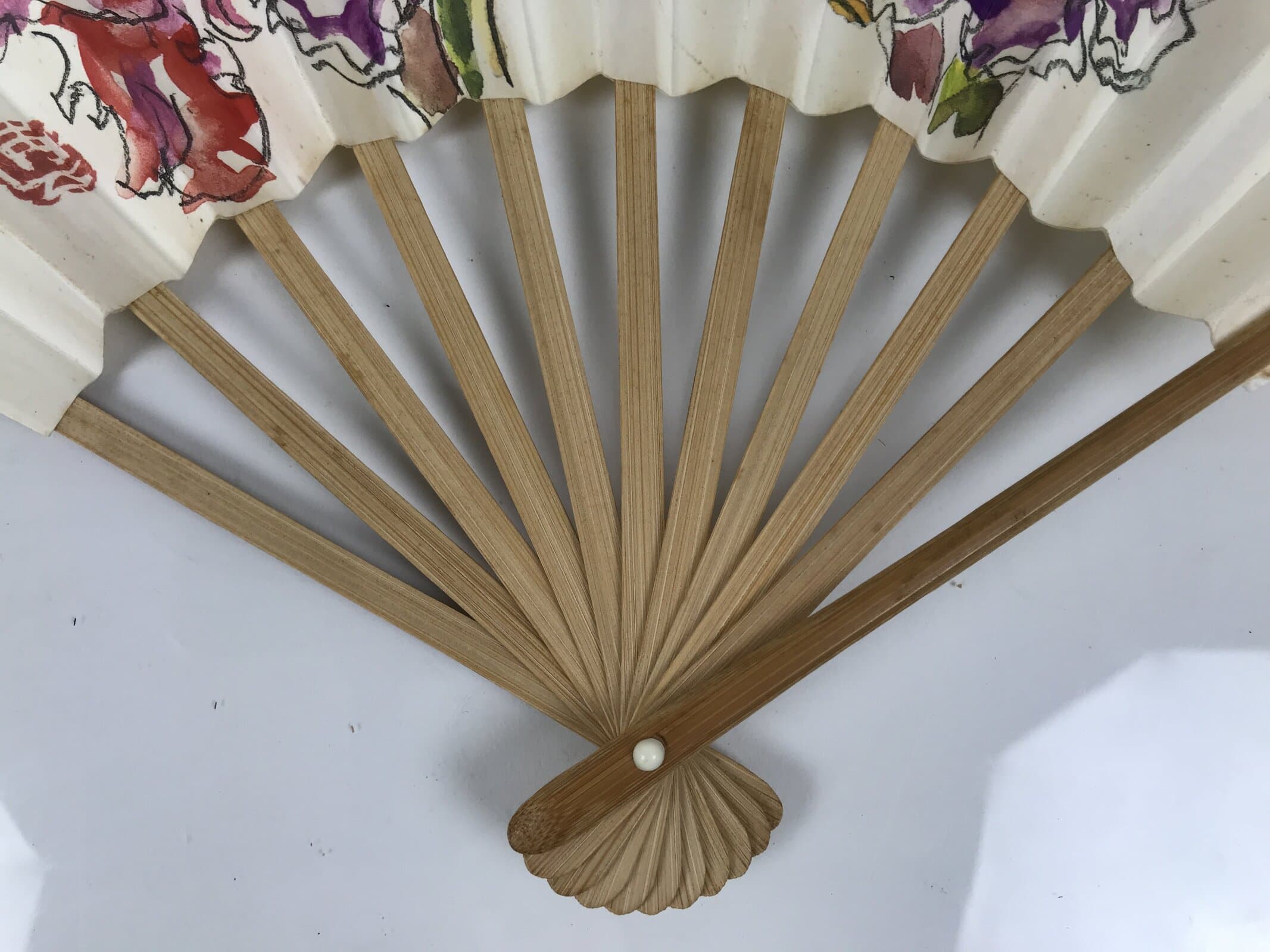 Japanese Paper Folding Fan Sensu Vtg Flowers Drawing Purple Bamboo Frame 4D993