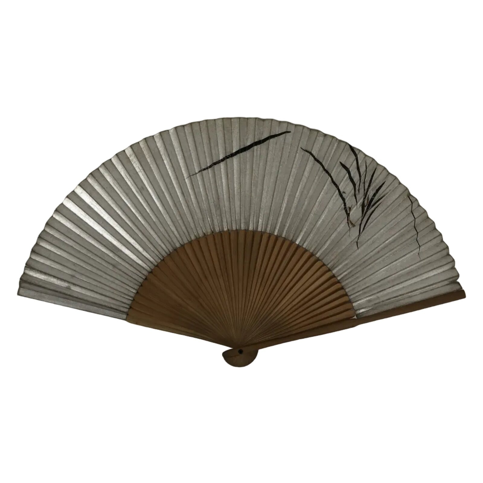 Japanese Paper Folding Fan Vtg Sensu Bamboo Frame Black Grass Plants Silver 5D14