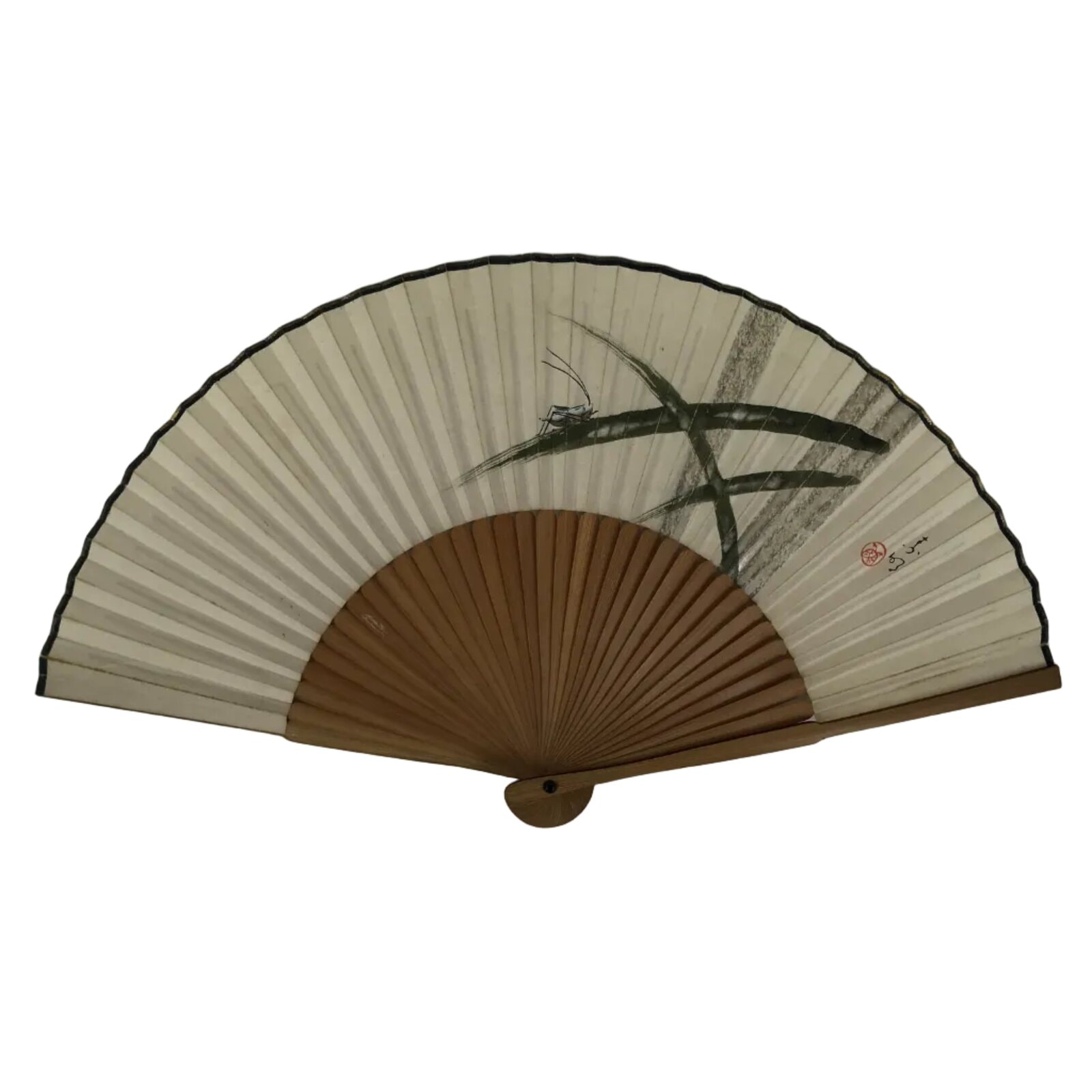 Japanese Paper Folding Fan Vtg Sensu Bamboo Frame Cricket Insect Leaf White 5D10