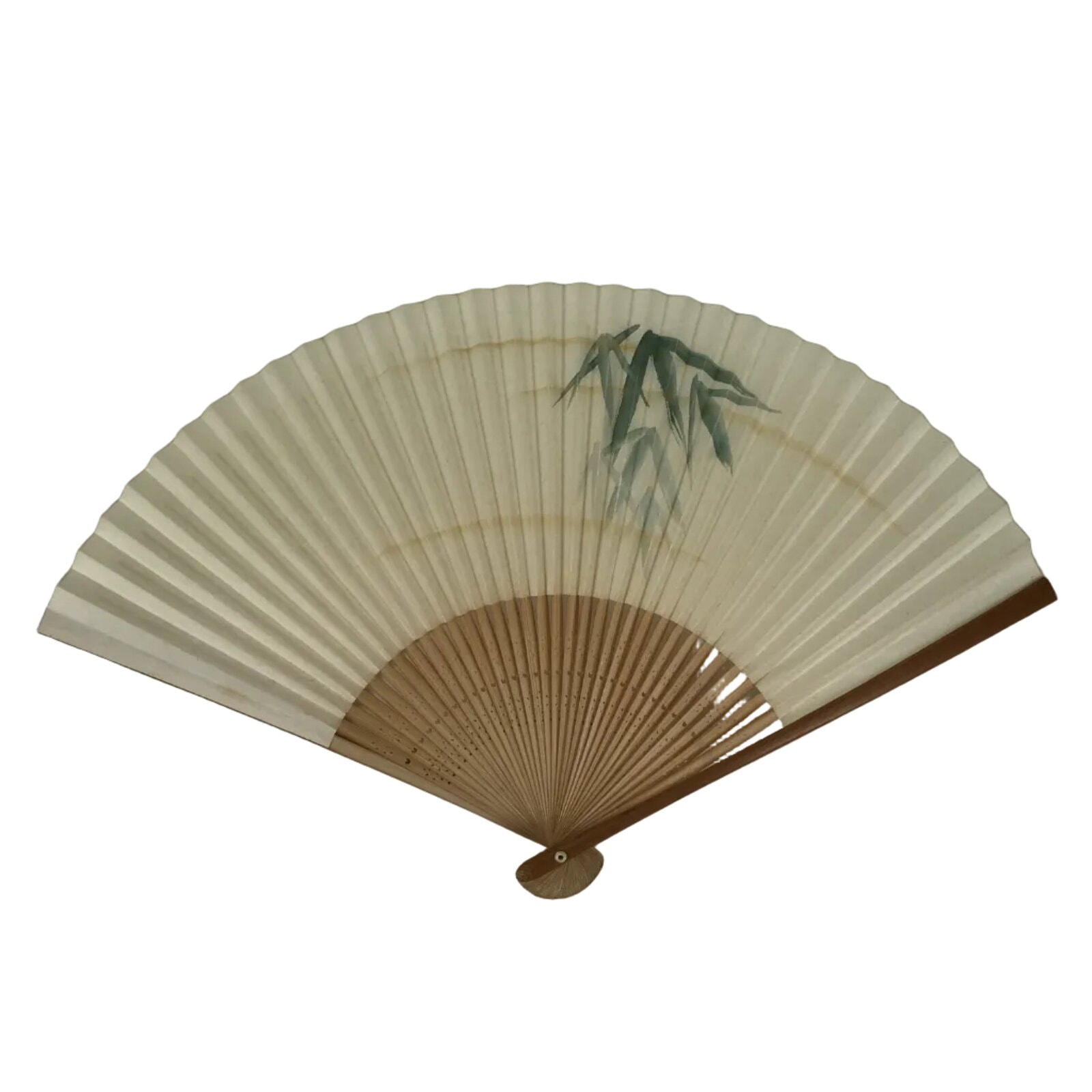 Japanese Paper Folding Fan Vtg Sensu Bamboo Frame Green Take Leaves White 5D13