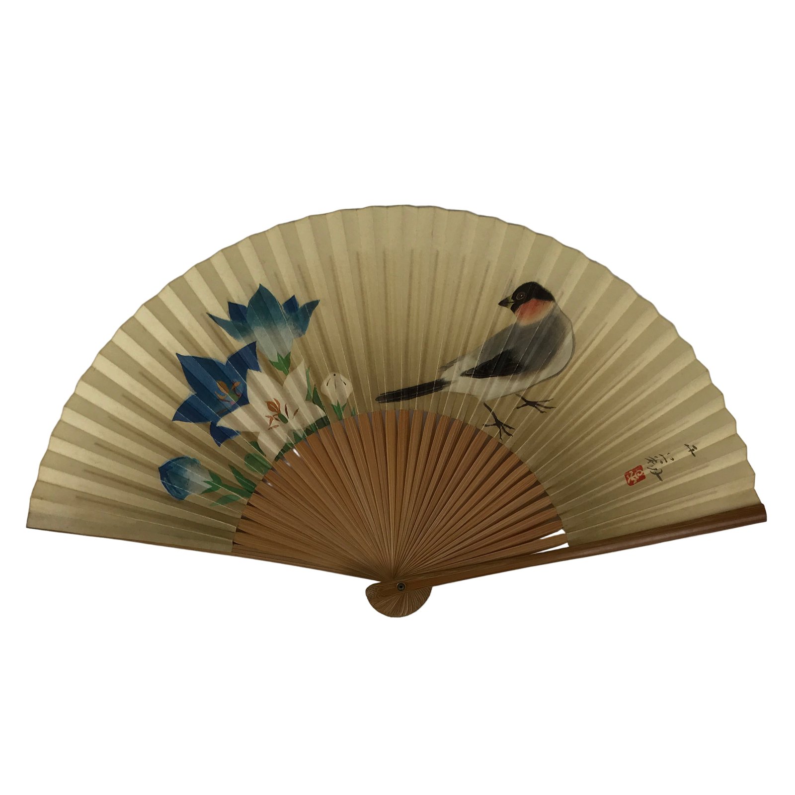 Japanese Paper Folding Fan Vtg Sensu Bamboo Frame Kikyo Bellflower Bird 4D980