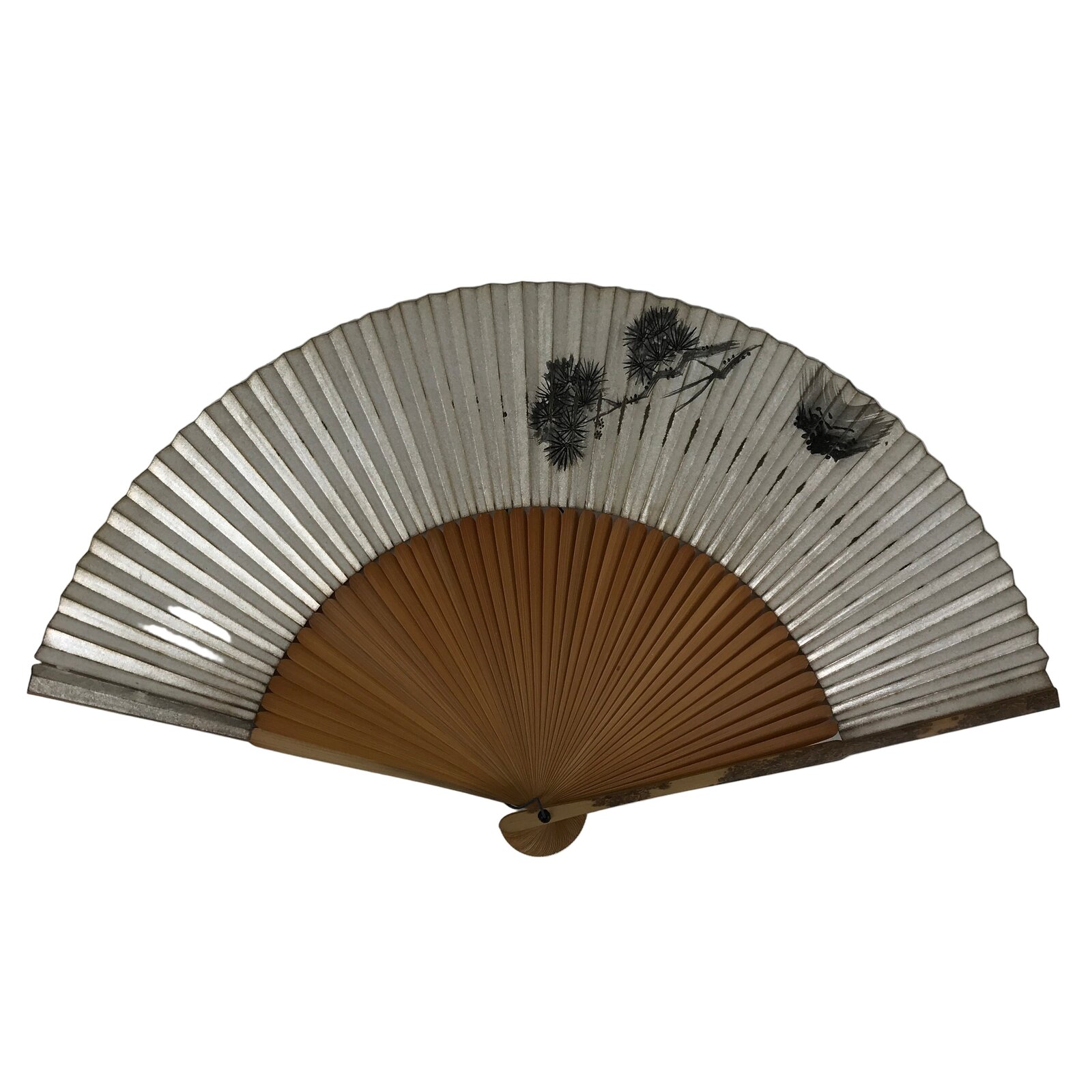 Japanese Paper Folding Fan Vtg Sensu Bamboo Frame Pine Tree Branch Silver 4D982