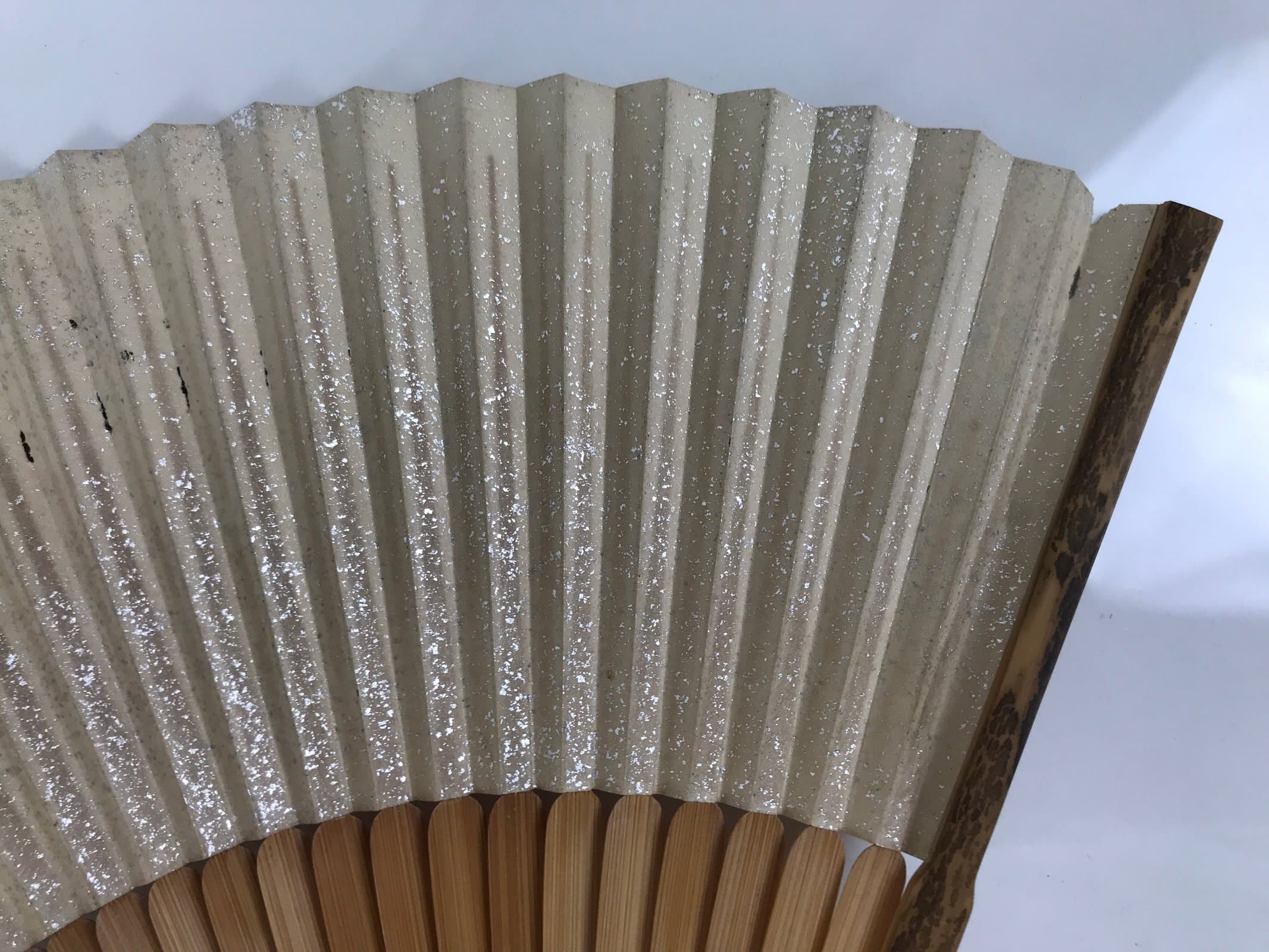 Japanese Paper Folding Fan Vtg Sensu Bamboo Frame Pine Tree Branch Silver 4D982