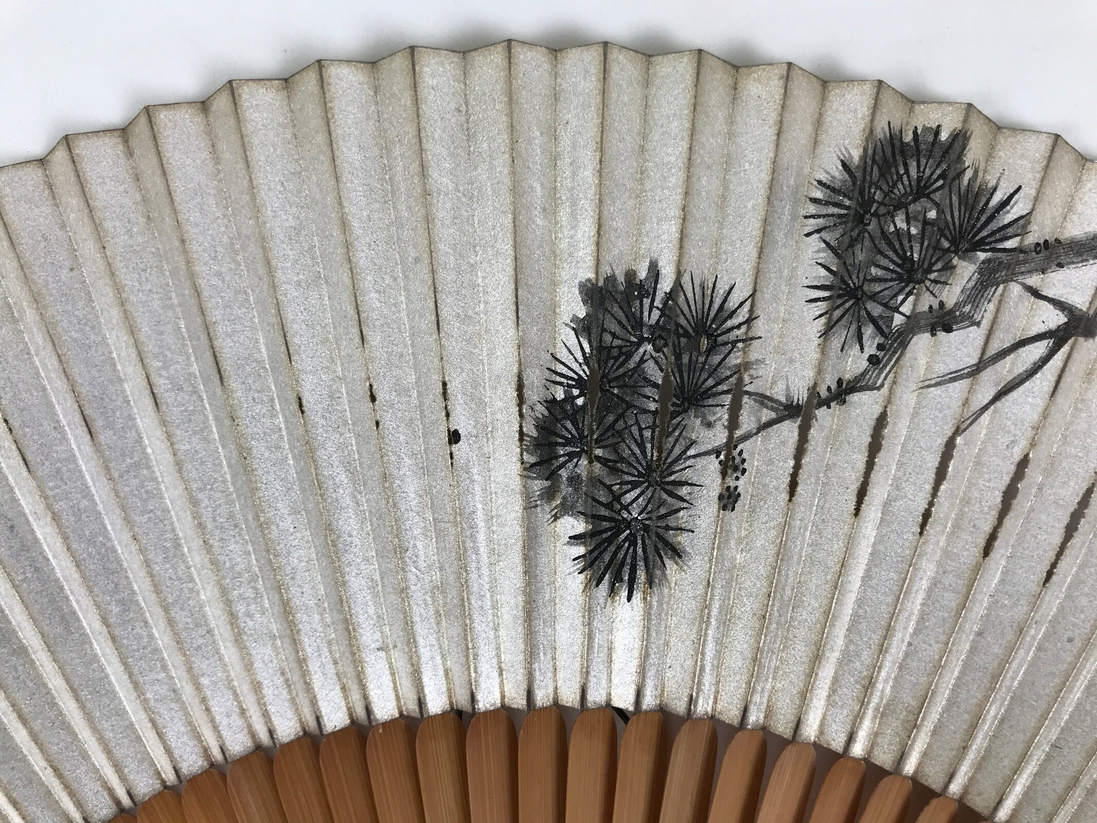 Japanese Paper Folding Fan Vtg Sensu Bamboo Frame Pine Tree Branch Silver 4D982