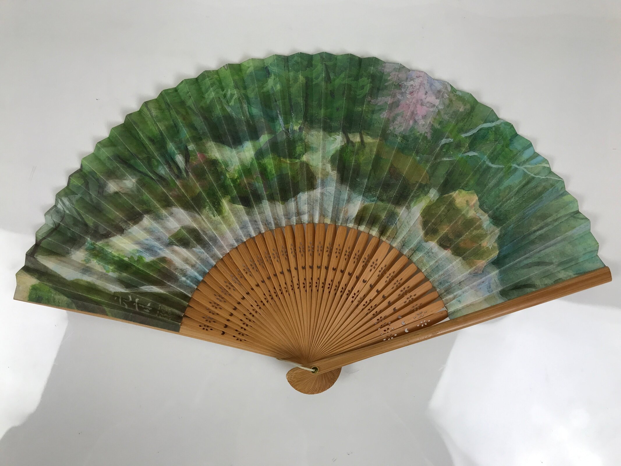 Japanese Paper Folding Fan Vtg Sensu Bamboo Frame River Cherry Blossom 4D981