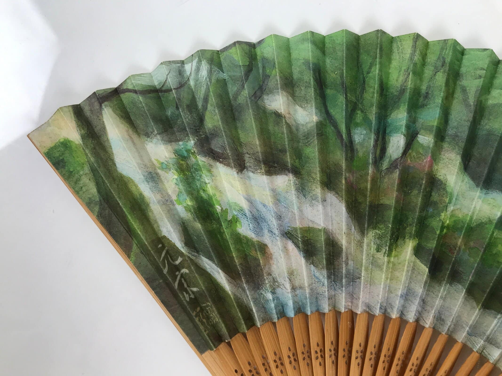 Japanese Paper Folding Fan Vtg Sensu Bamboo Frame River Cherry Blossom 4D981