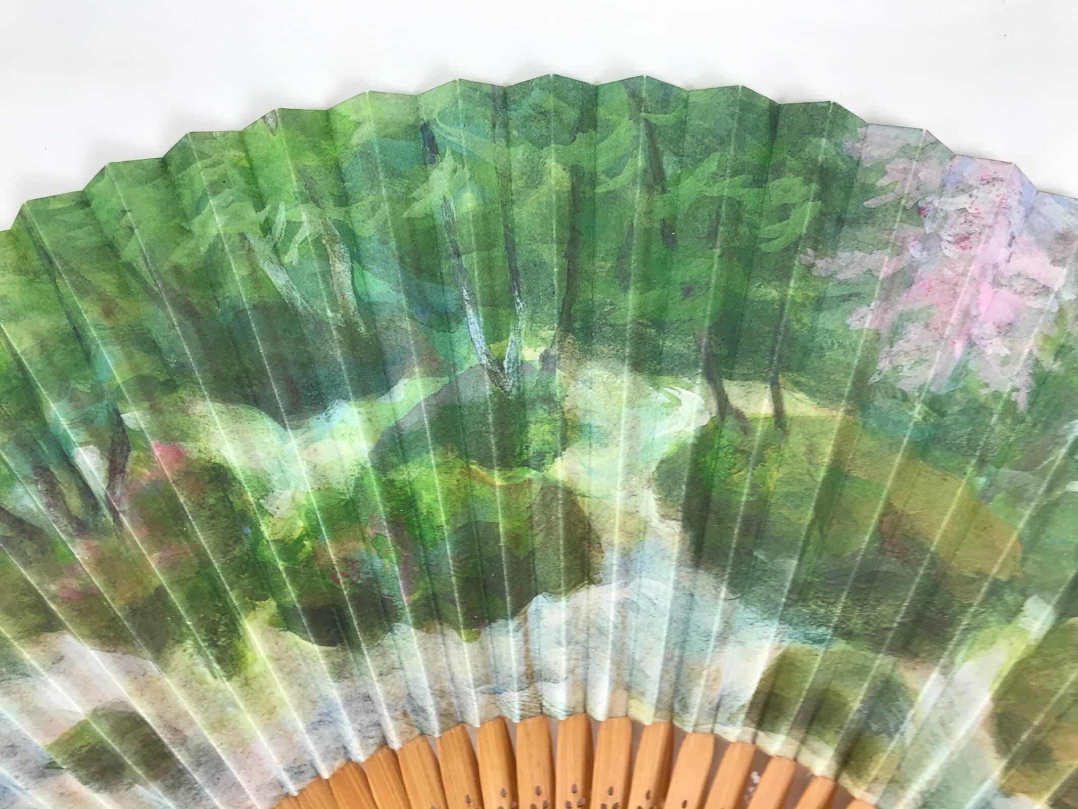Japanese Paper Folding Fan Vtg Sensu Bamboo Frame River Cherry Blossom 4D981