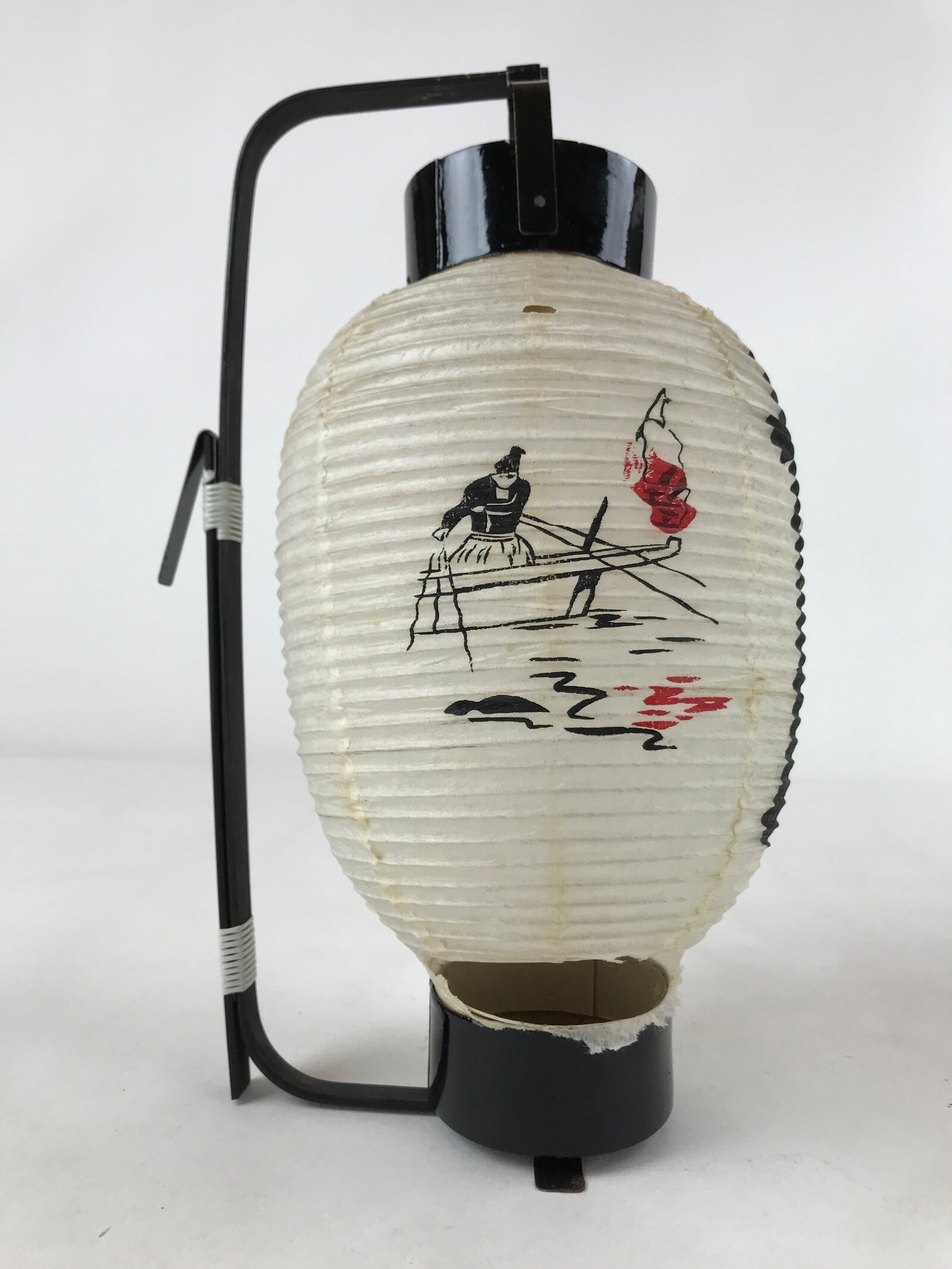 Japanese Paper Handheld Chochin Lantern Vtg Nagaragawa Fishing Black White LT76