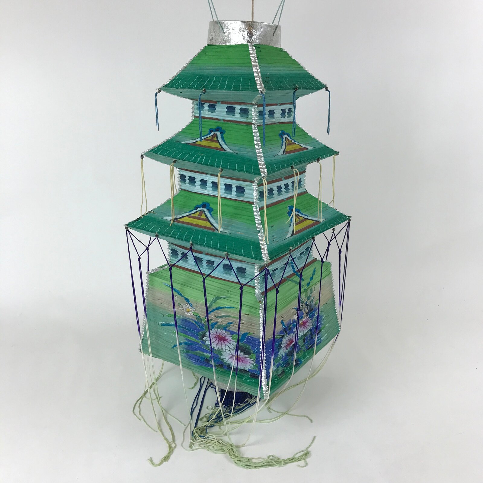 Japanese Paper Hanging Chochin Lantern Vtg Large Temple Candle Shade Green LT69