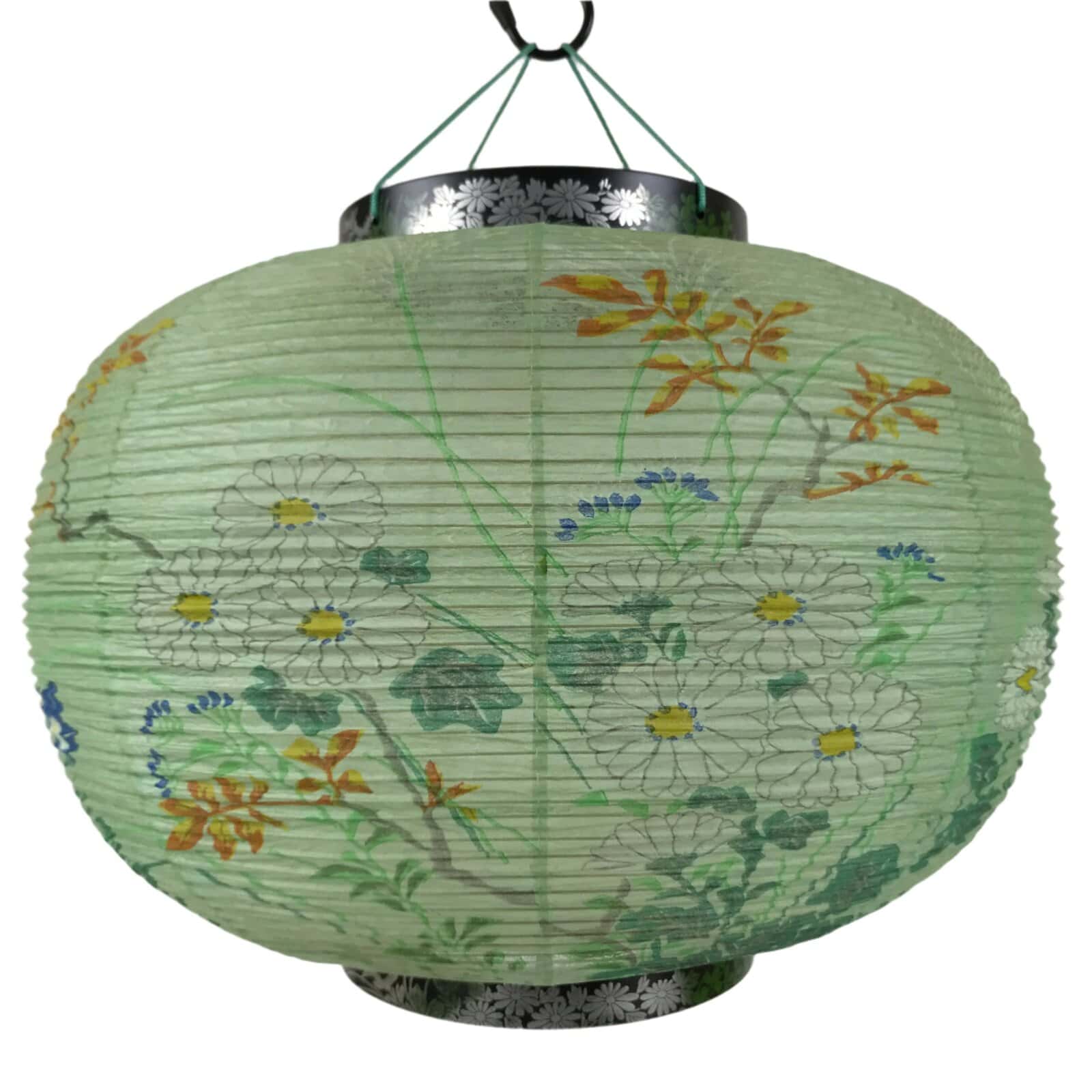 Japanese Paper Hanging Lantern Vtg Obon Flowers Chrysanthemum Green Decor LT93