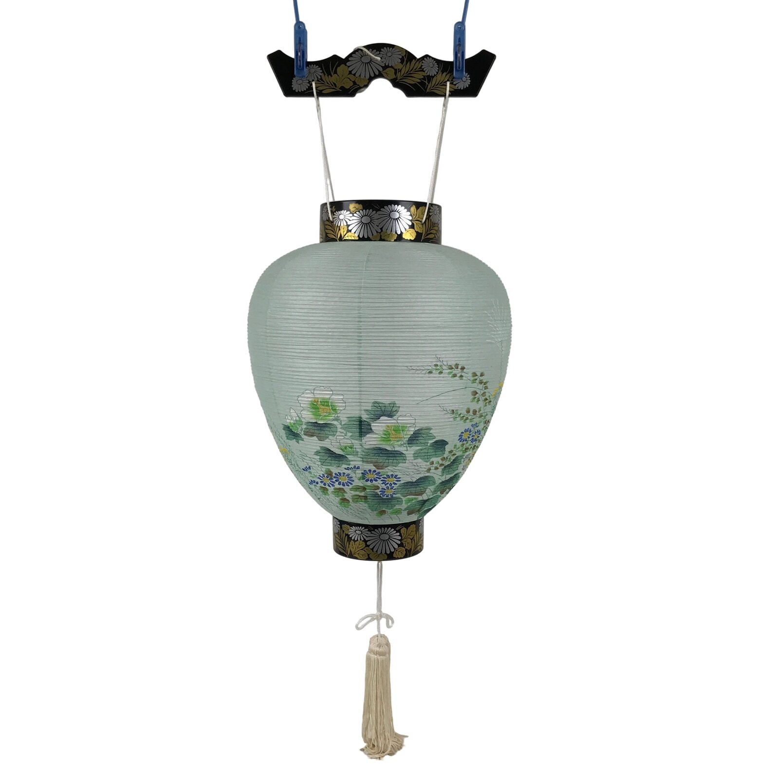Japanese Paper Hanging Lantern Vtg Obon Flowers Chrysanthemum Green Decor LT95