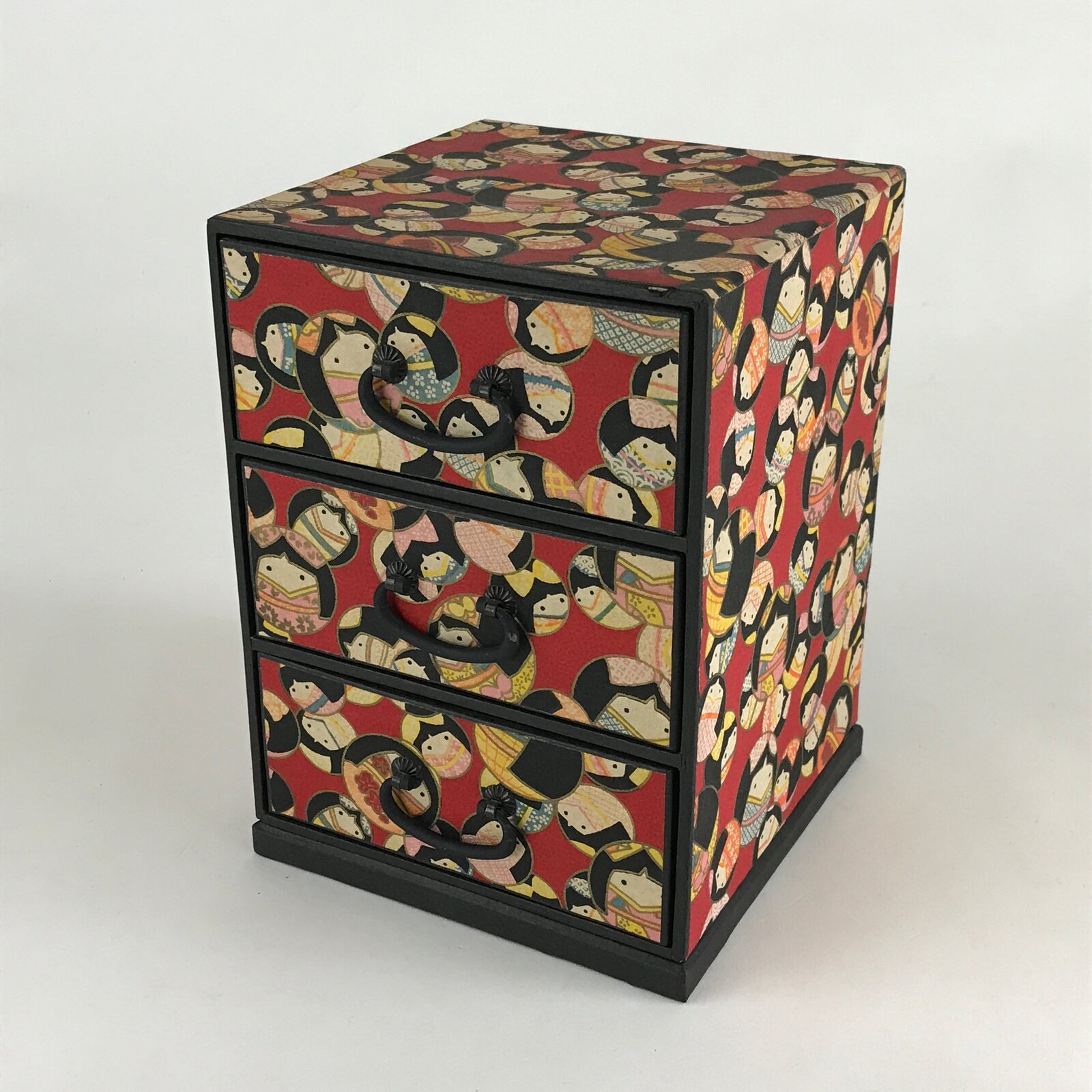 Japanese Paper Sewing Box Haribako Vtg Tansu Chest 3 Drawers Red Kimono Girl T33