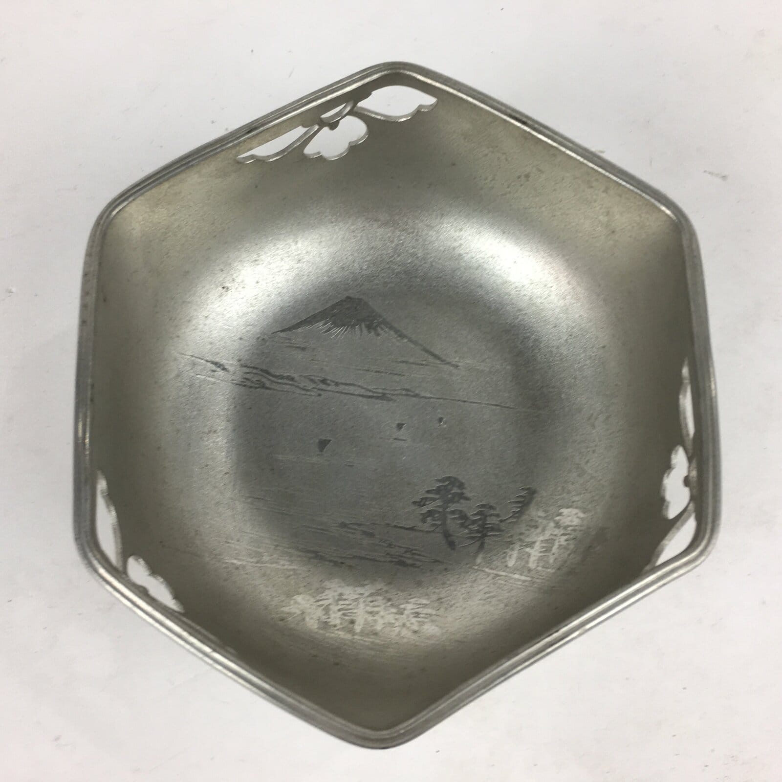 Japanese Pewter Snack Bowl Vtg Kashiki Tea Ceremony Mount Fuji Scenery T90