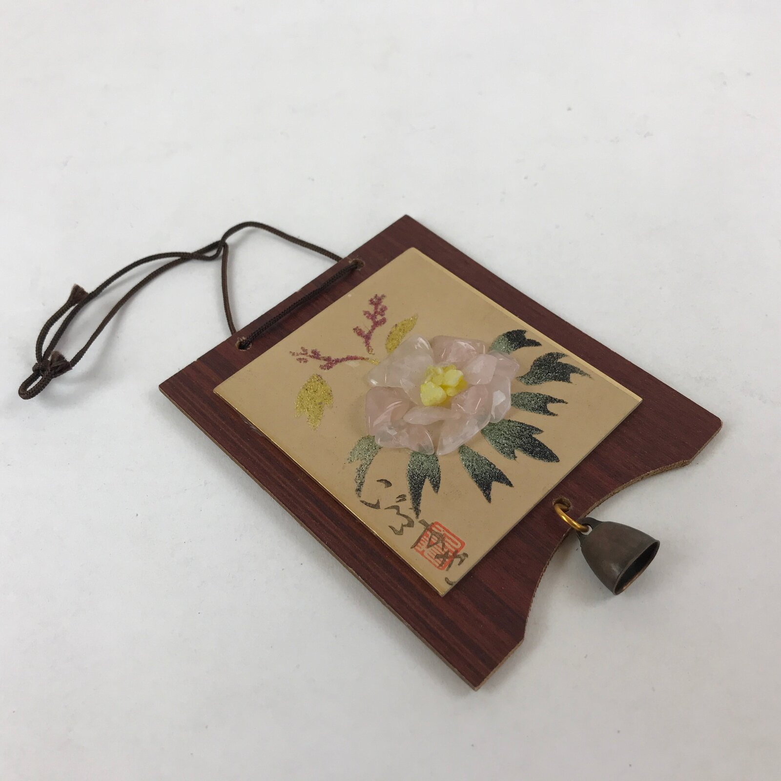 Japanese Pink Quartz Hanging Decoration Vtg Handmade Craft Wood Gemstone JK599