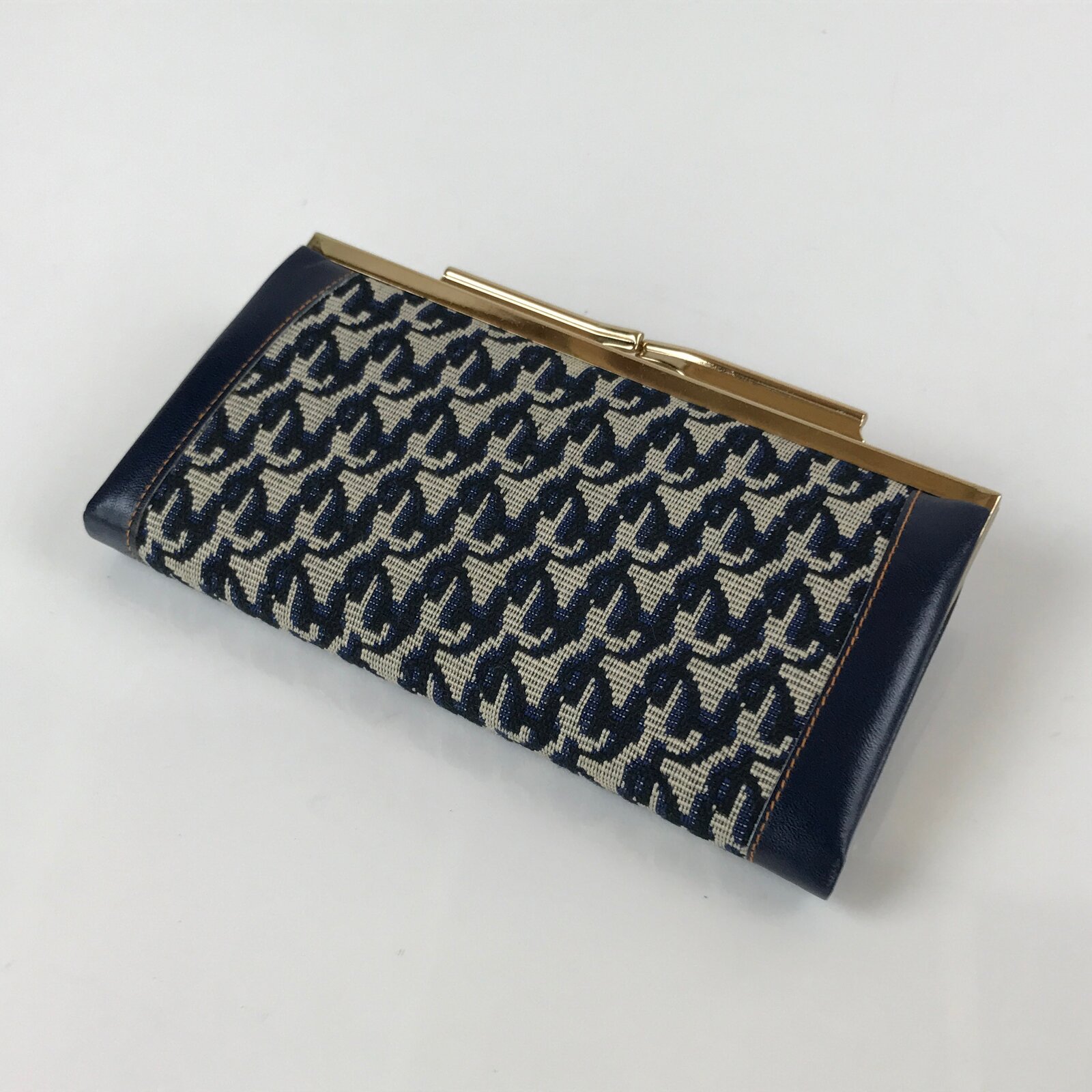 Japanese Pleather Woven Fabric Clutch Wallet Vtg Gamaguchi Clasp Blue Beige KB84