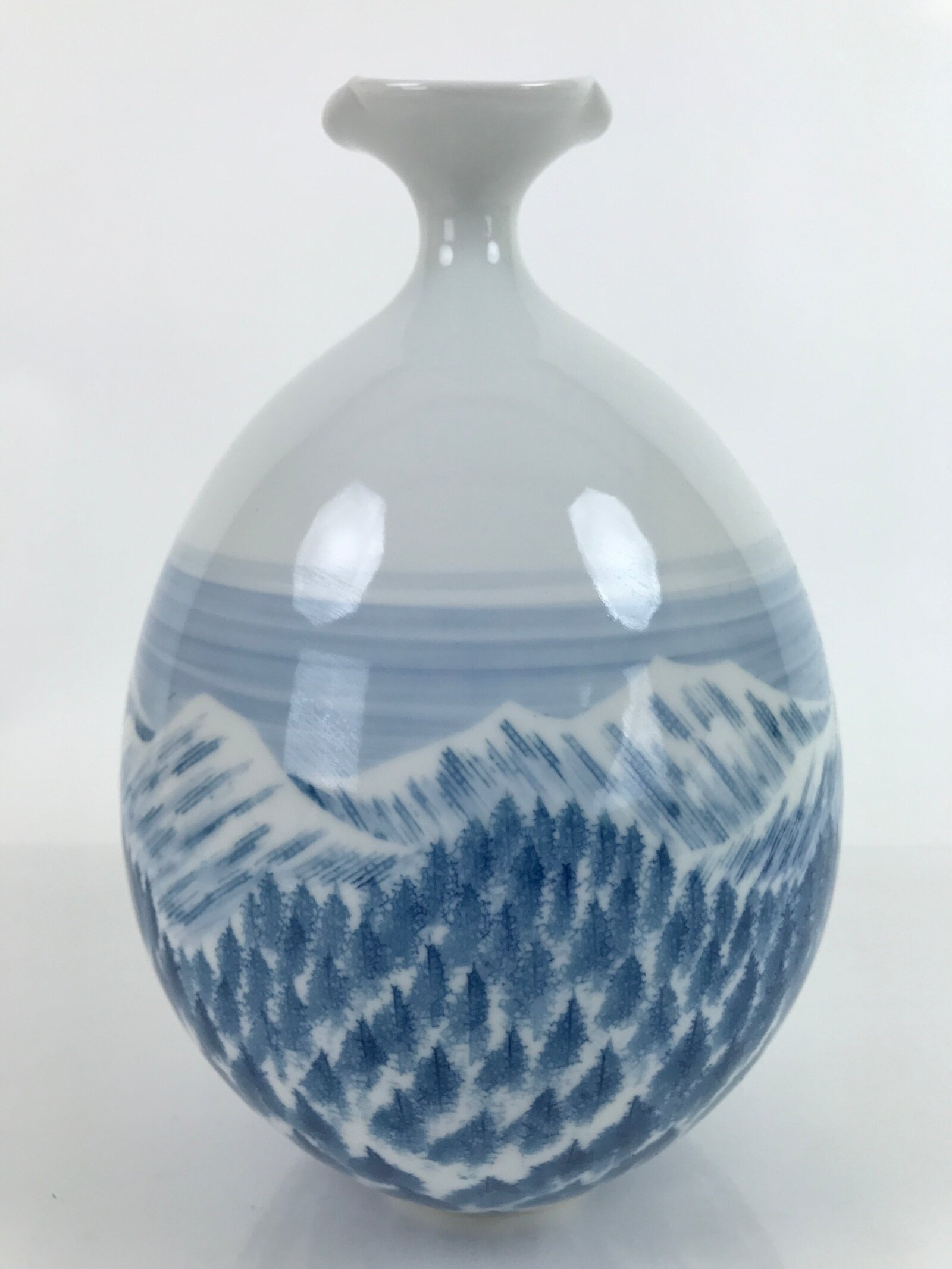 Japanese Porcelain Arita Ware Flower Vase Vtg Shumei Fujii Mountain Trees PX727