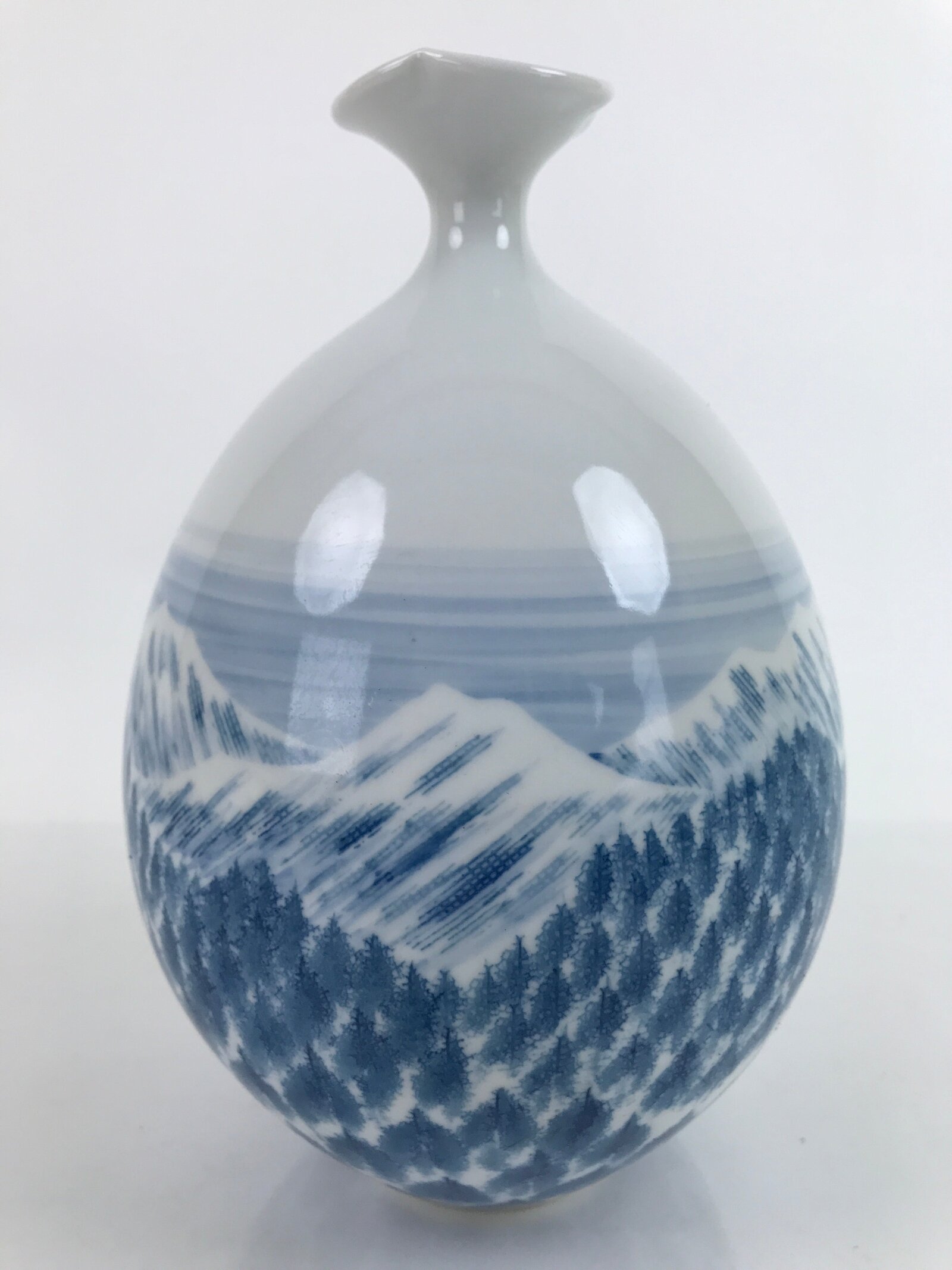 Japanese Porcelain Arita Ware Flower Vase Vtg Shumei Fujii Mountain Trees PX727