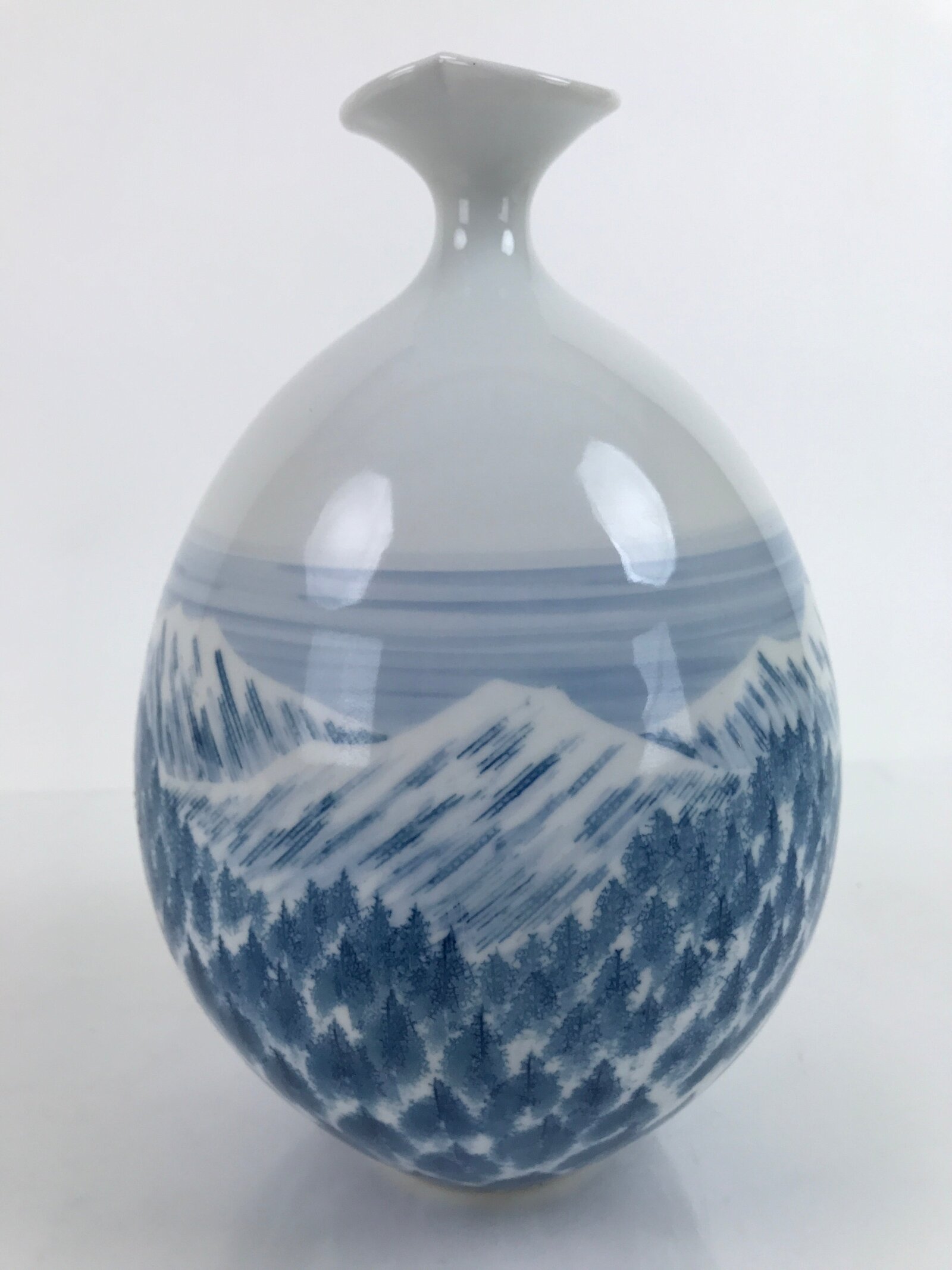 Japanese Porcelain Arita Ware Flower Vase Vtg Shumei Fujii Mountain Trees PX727