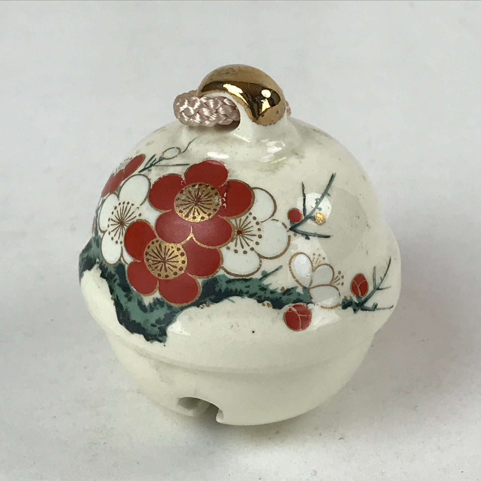 Japanese Porcelain Bell Dorei Vtg Kutani Ware Ume Plum Blossoms White Red DR508