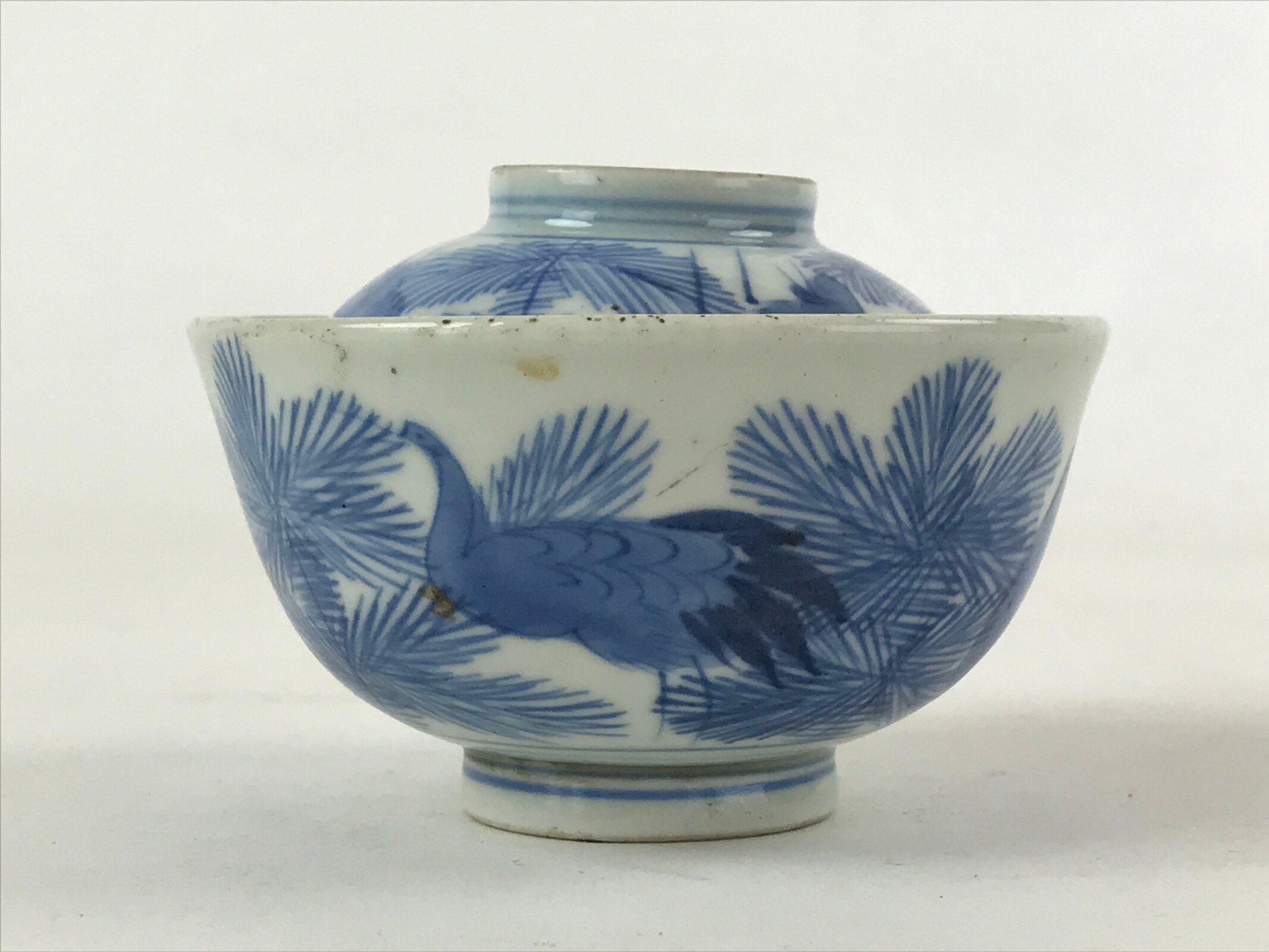 Japanese Porcelain Bowl Vtg Lidded Blue Birds Foliage Chawan Pottery PY496