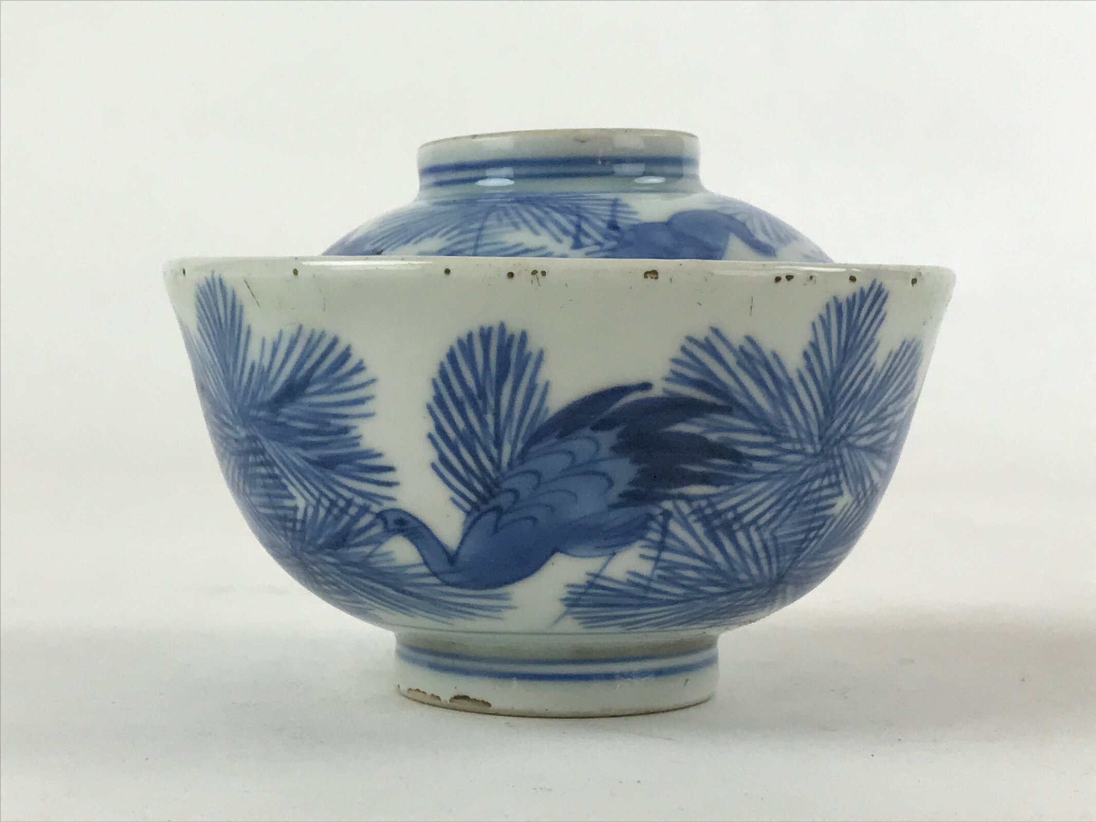 Japanese Porcelain Bowl Vtg Lidded Blue Birds Foliage Chawan Pottery PY496