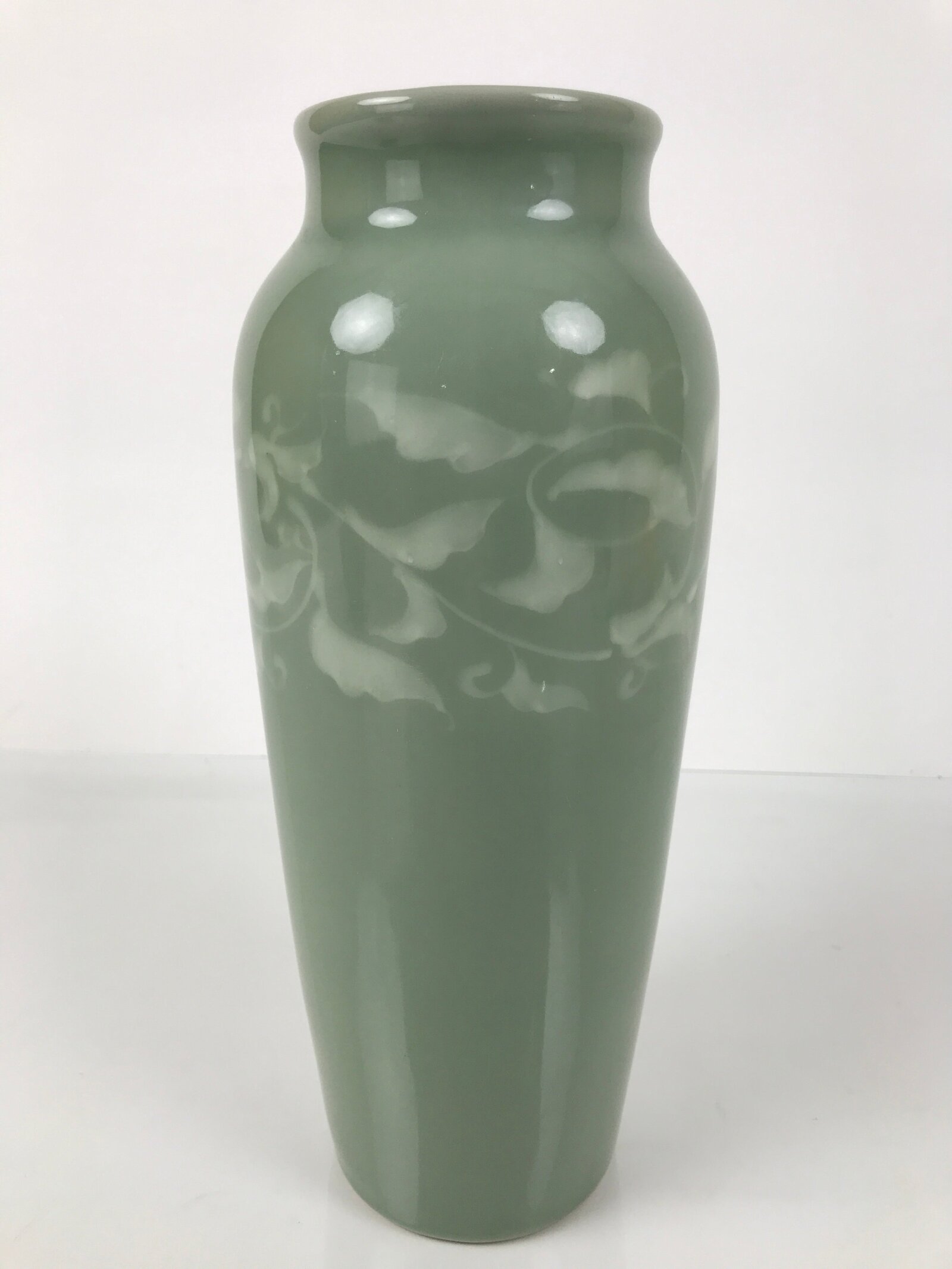 Japanese Porcelain Celadon Flower Vase Vtg Ikebana Kabin Green Leaf Seiji FK213
