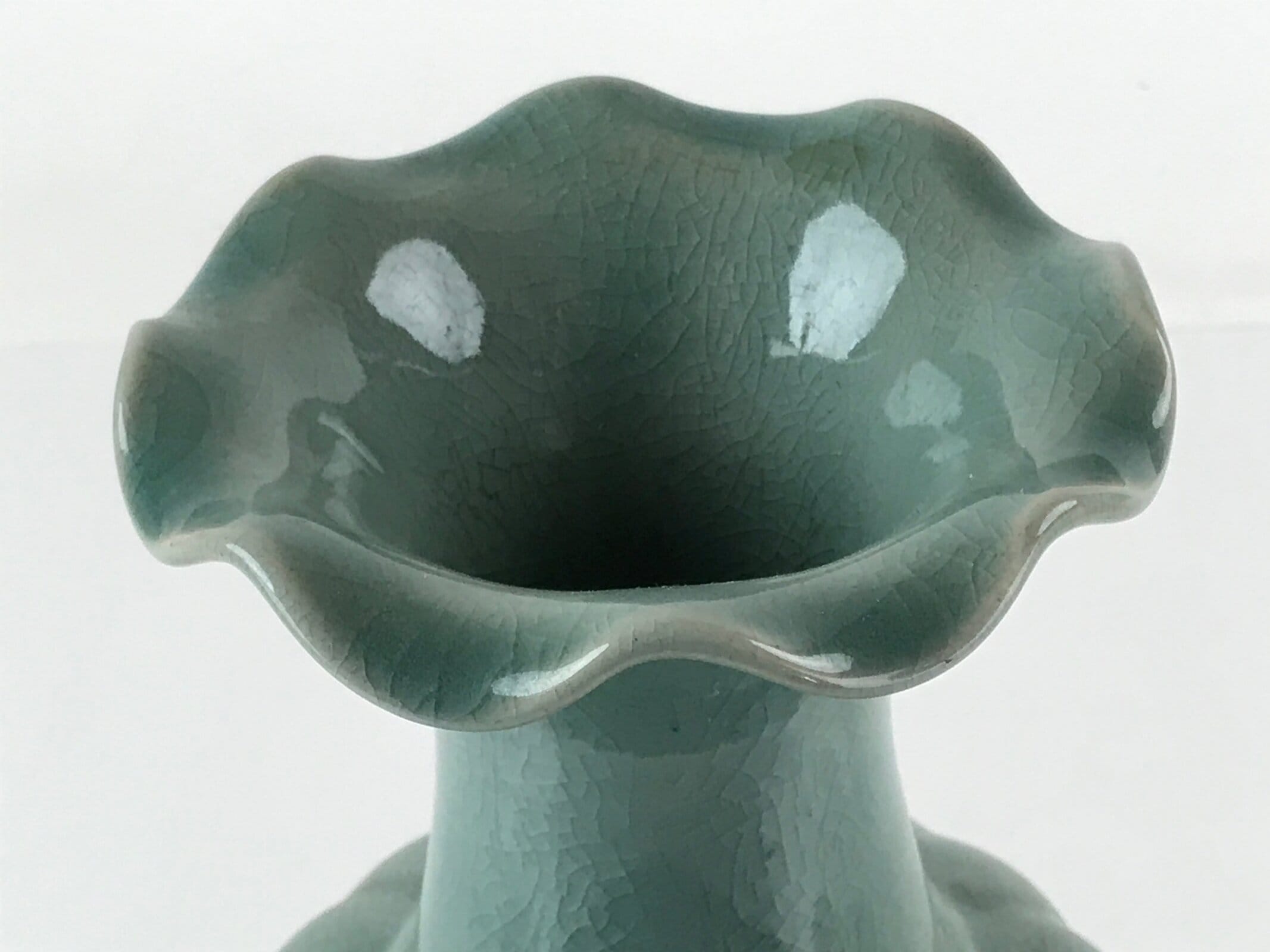 Japanese Porcelain Celedon Flower Vase Ikebana Kabin Crackle Glaze Green PX729