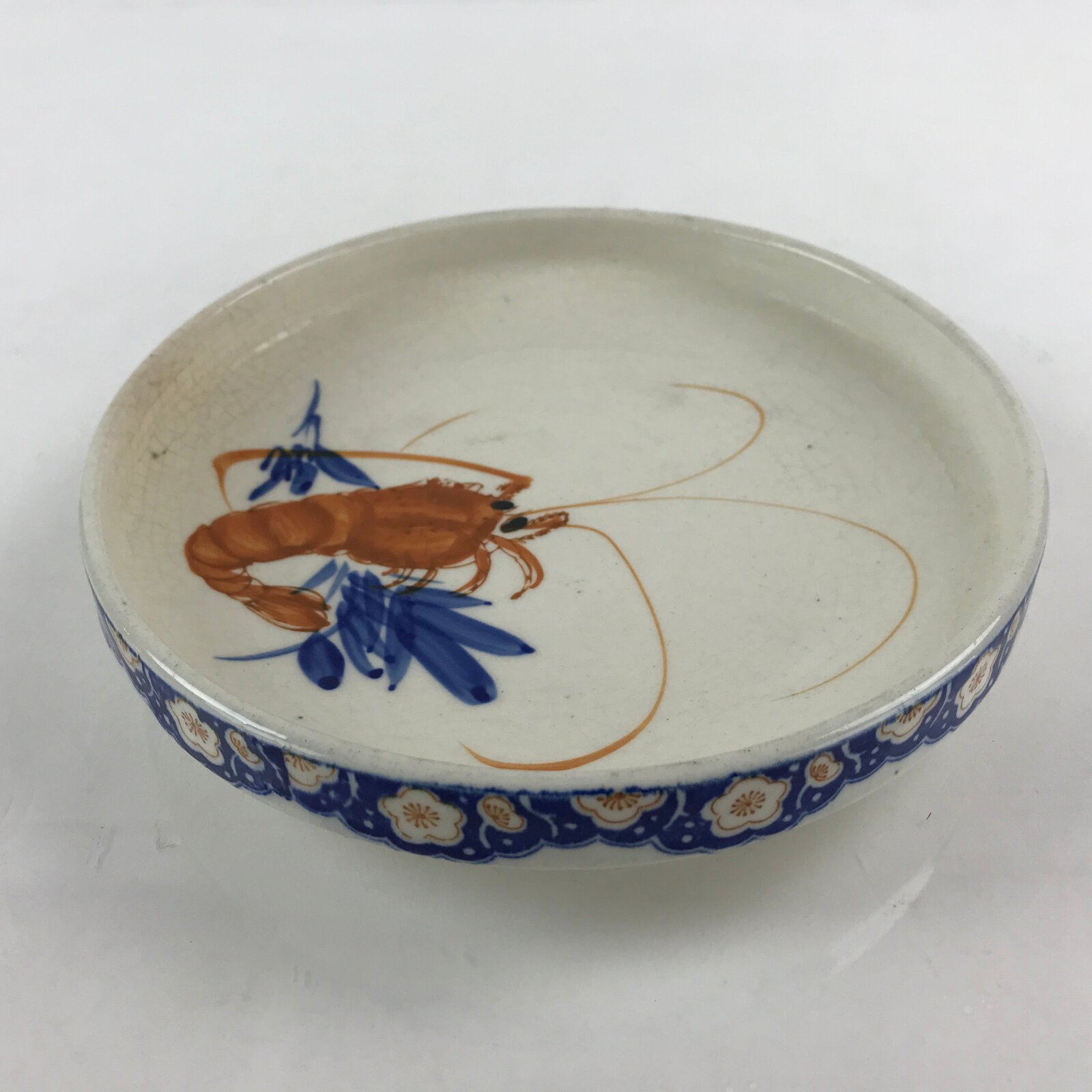 Japanese Porcelain Deep Plate Shallow Bowl Vtg Hand Painted Shrimp White PY442