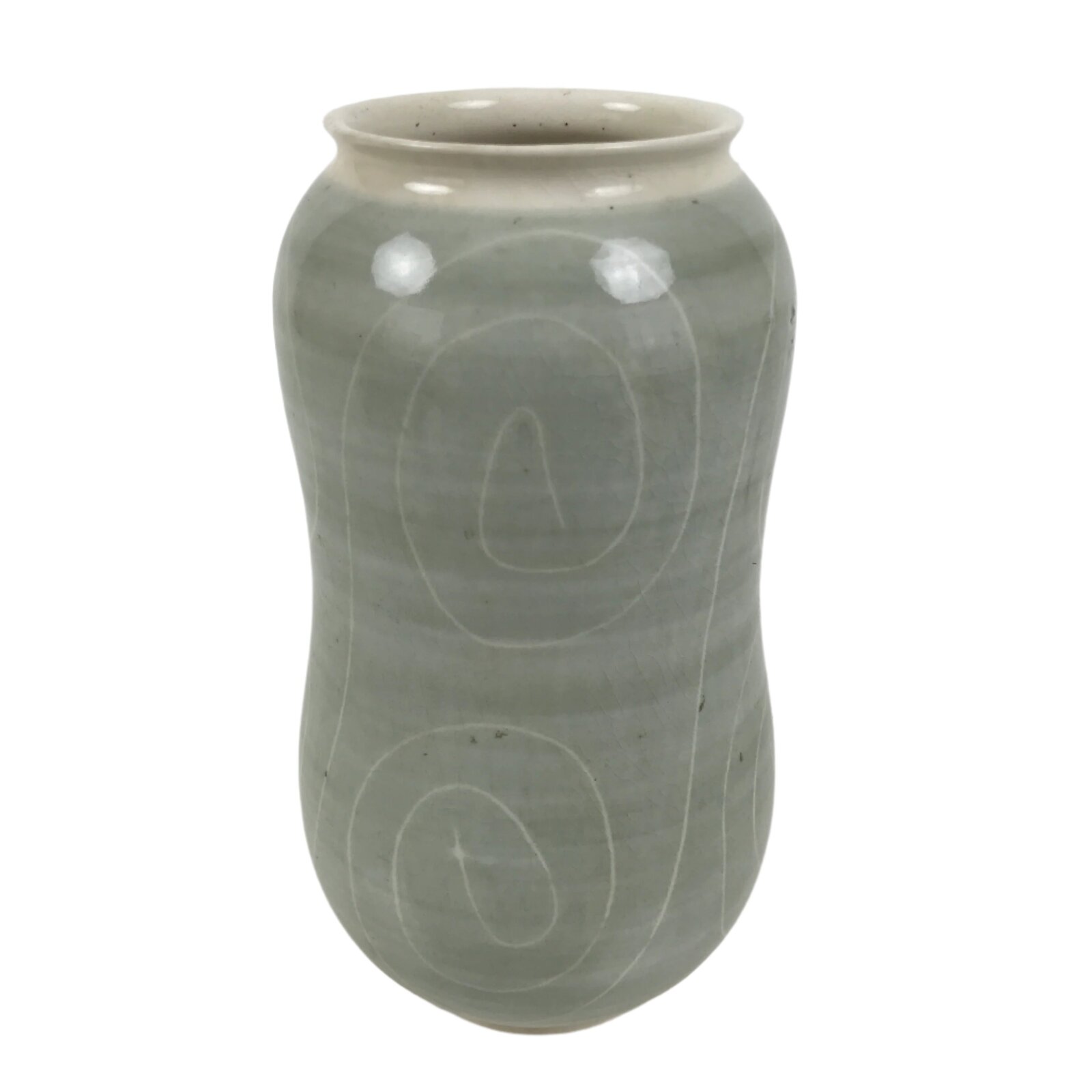 Japanese Porcelain Flower Vase Ikebana Kabin Vtg Swirl Gourd Light Gray FK183