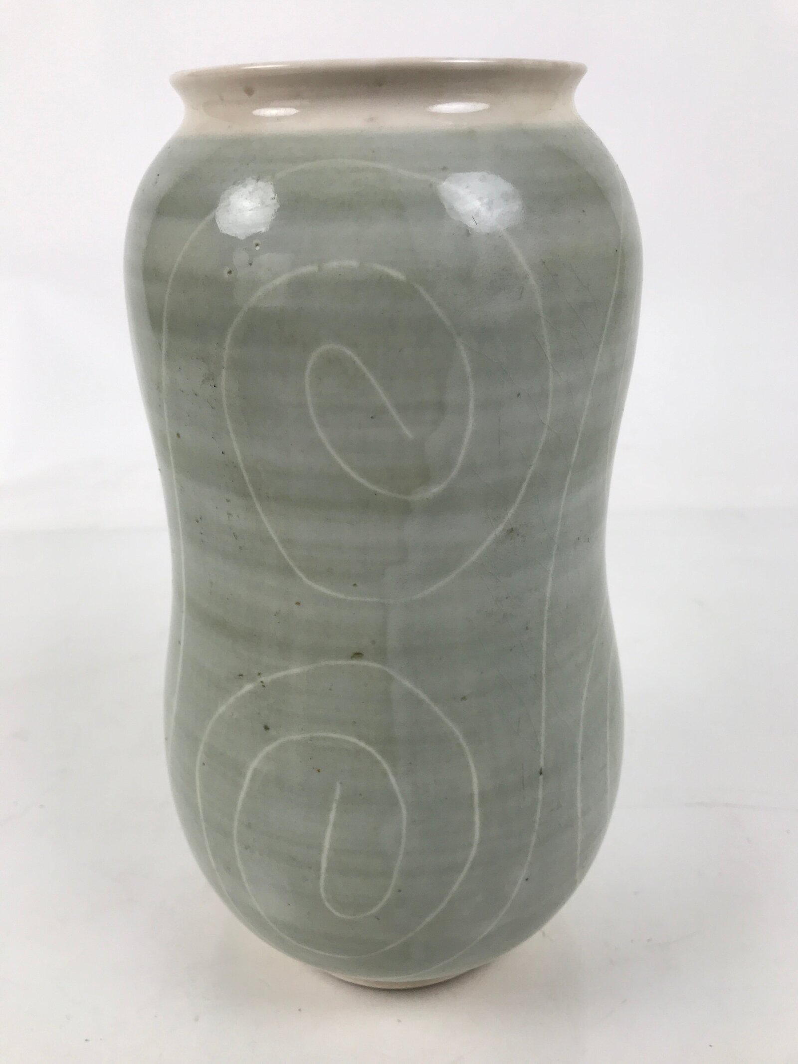 Japanese Porcelain Flower Vase Ikebana Kabin Vtg Swirl Gourd Light Gray FK183