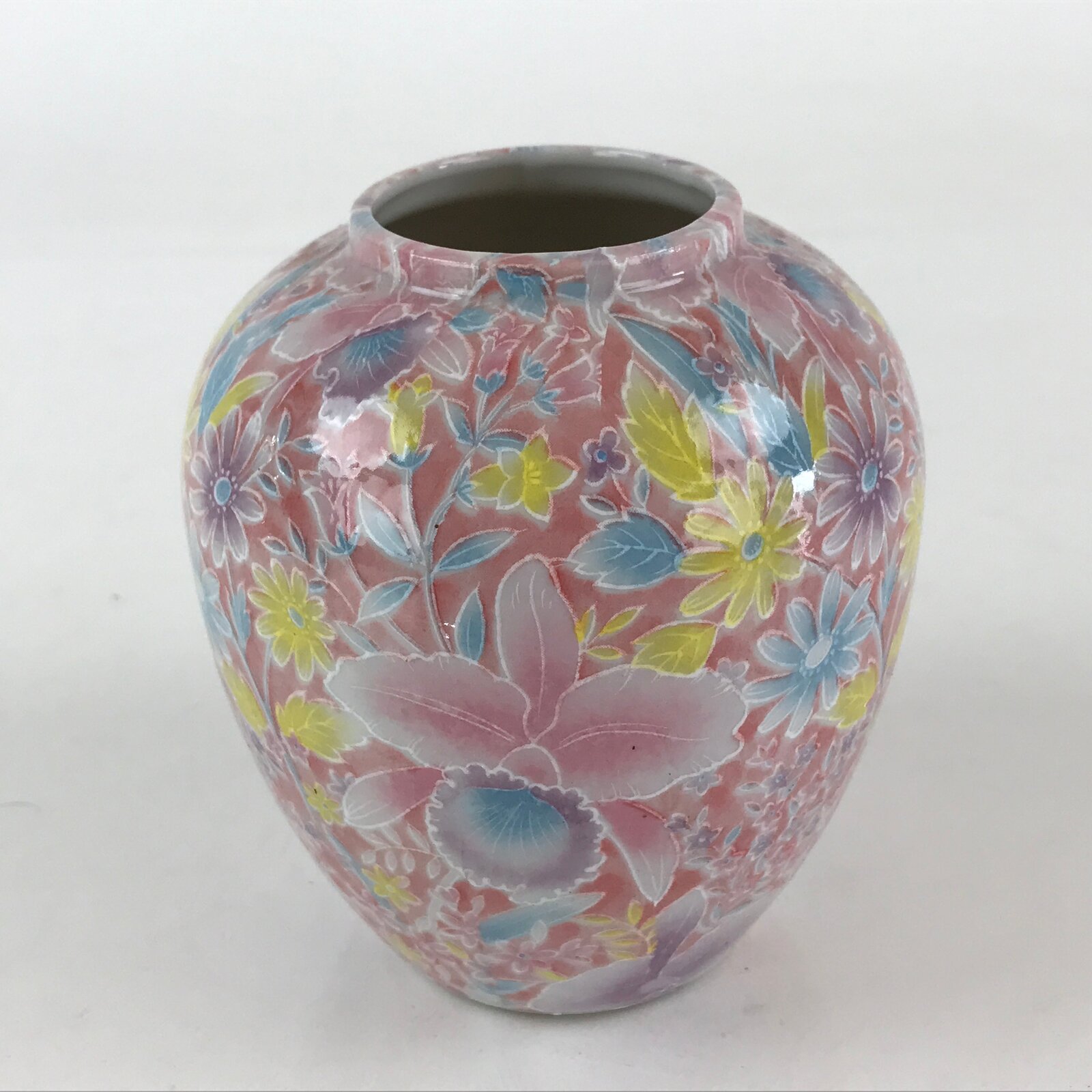 Japanese Porcelain Flower Vase Kabin Vtg Floral Pattern Ikebana Arrangement Pink