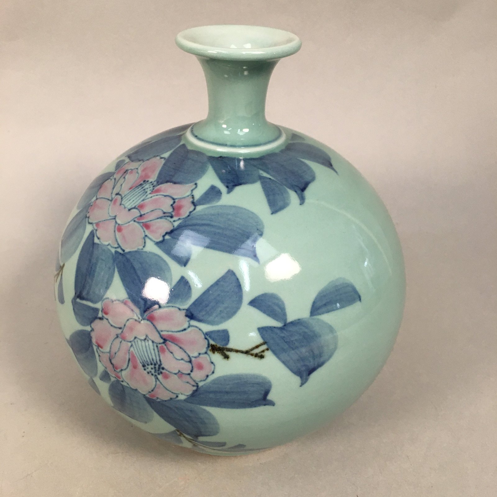 Japanese Porcelain Flower Vase Kutani ware Vtg Kabin Celadon Peony Ikebana FV893