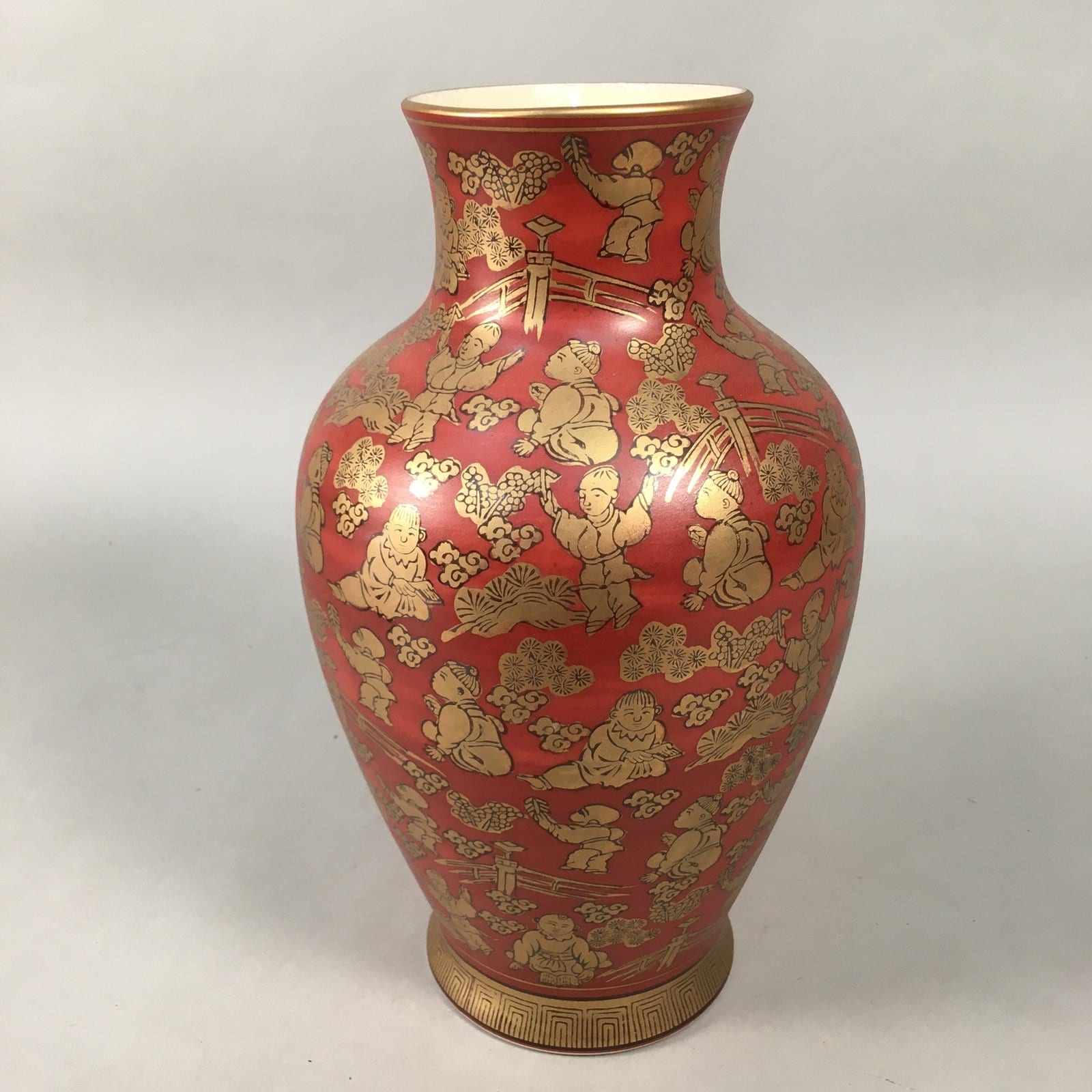 Japanese Porcelain Flower Vase Kutani ware Vtg Kabin Ikebana Red Gold FV895