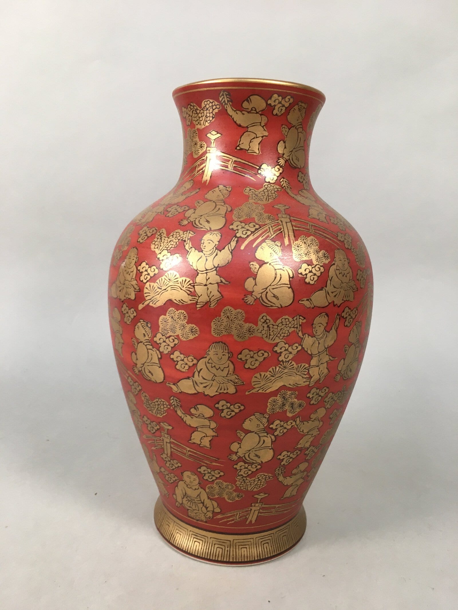 Japanese Porcelain Flower Vase Kutani ware Vtg Kabin Ikebana Red Gold FV895