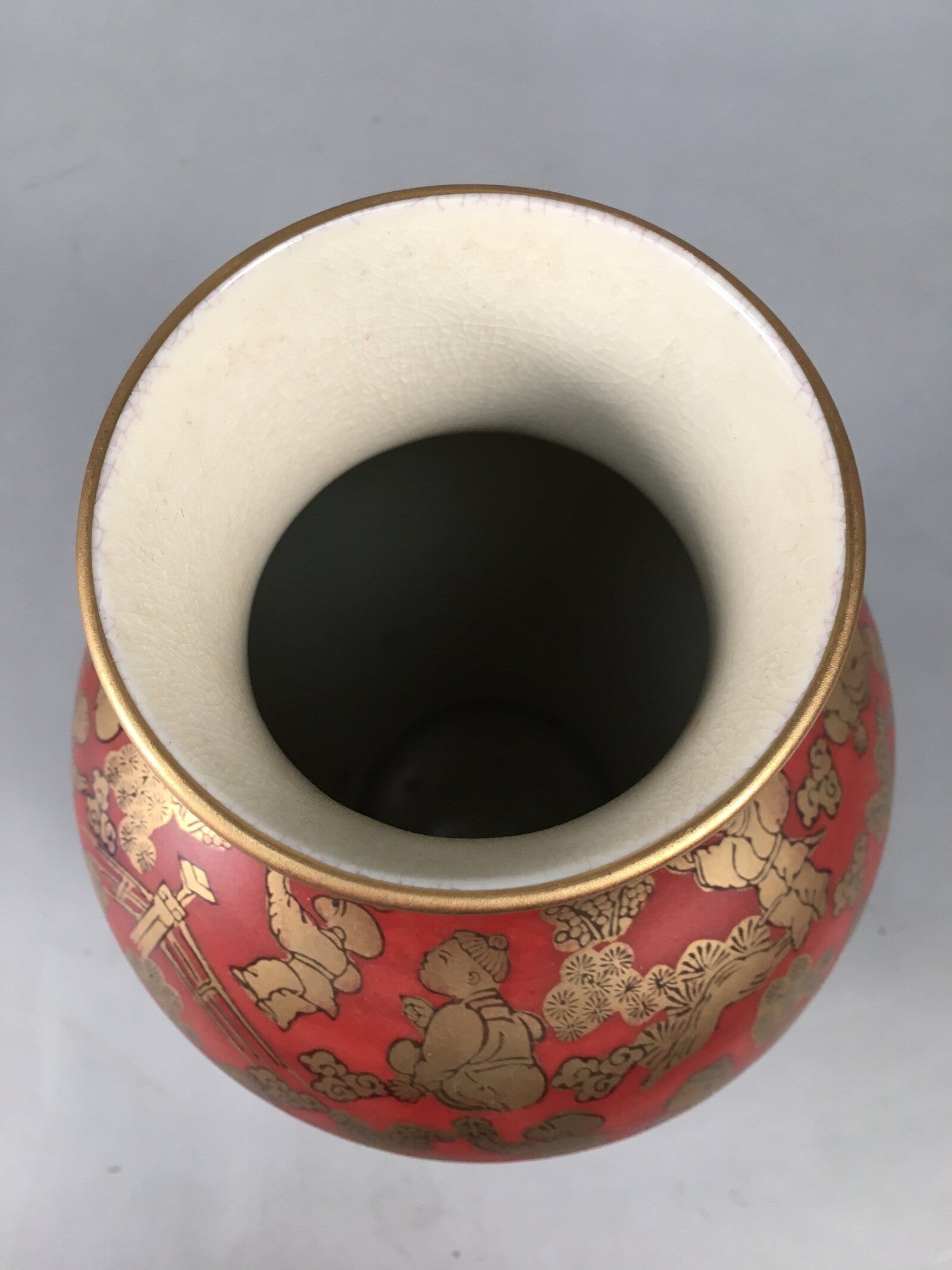 Japanese Porcelain Flower Vase Kutani ware Vtg Kabin Ikebana Red Gold FV895