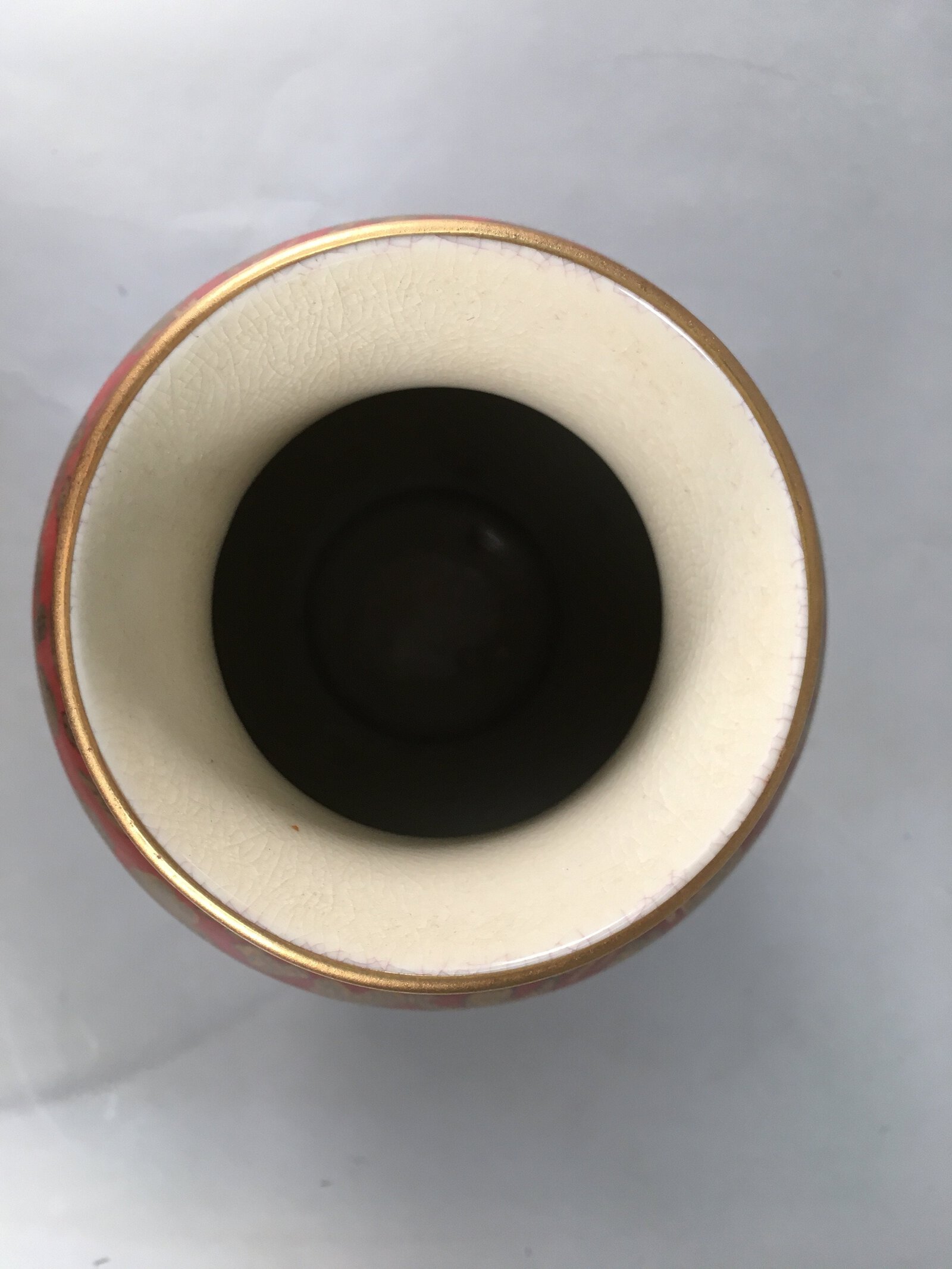 Japanese Porcelain Flower Vase Kutani ware Vtg Kabin Ikebana Red Gold FV895