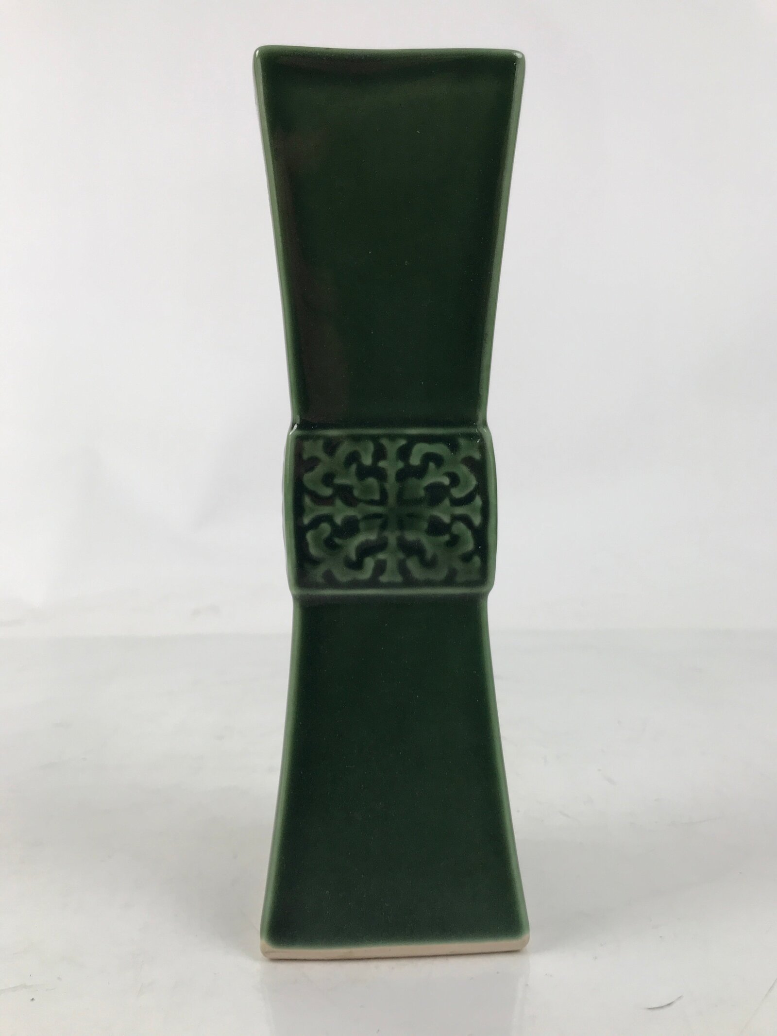 Japanese Porcelain Flower Vase Vtg Ikebana Kabin Green Square Crest Slim FK178