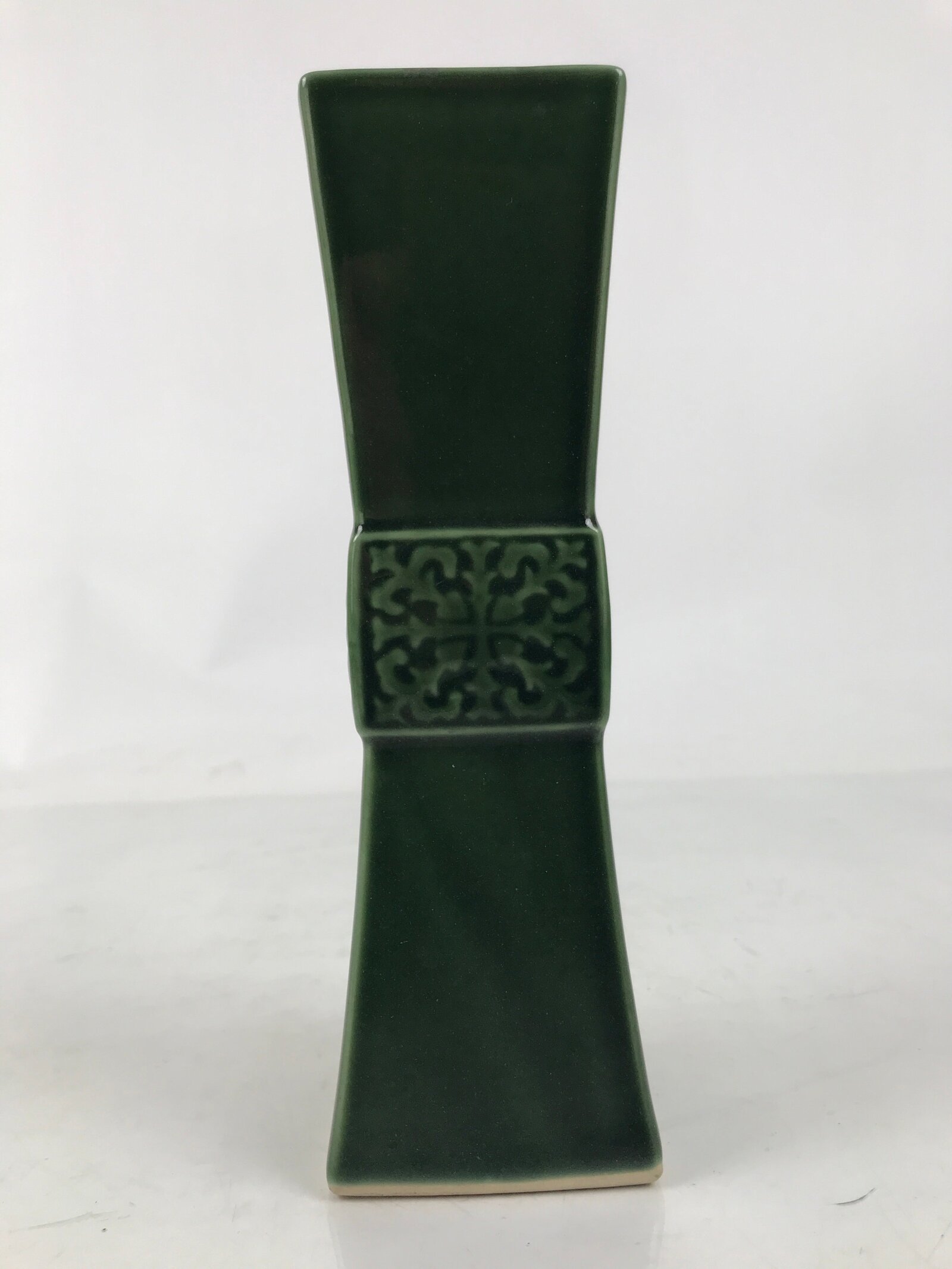 Japanese Porcelain Flower Vase Vtg Ikebana Kabin Green Square Crest Slim FK178