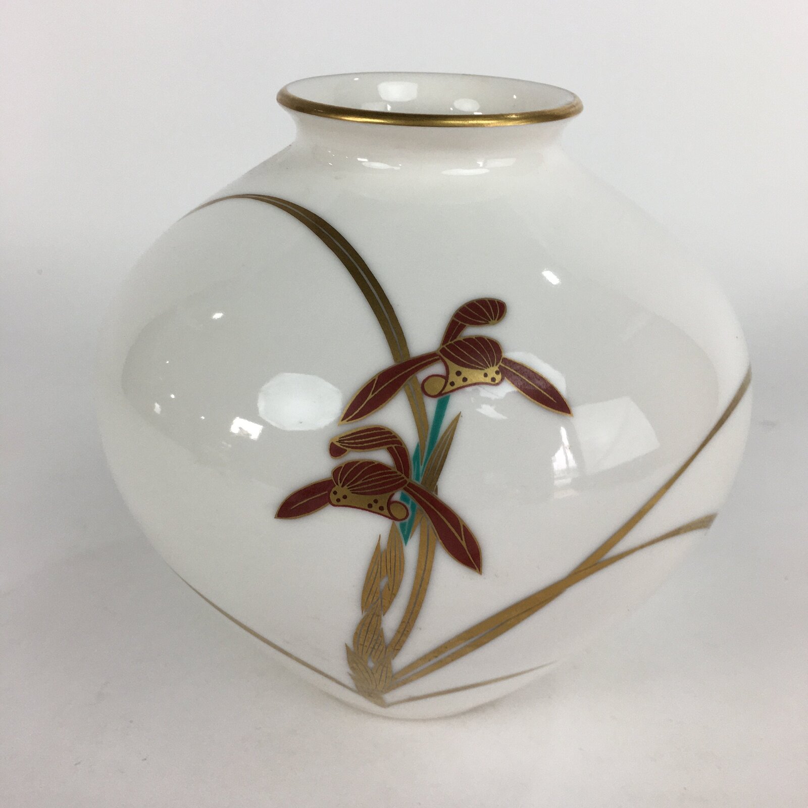 Japanese Porcelain Flower Vase Vtg Kabin Ikebana Flower Arrangement Gold White F