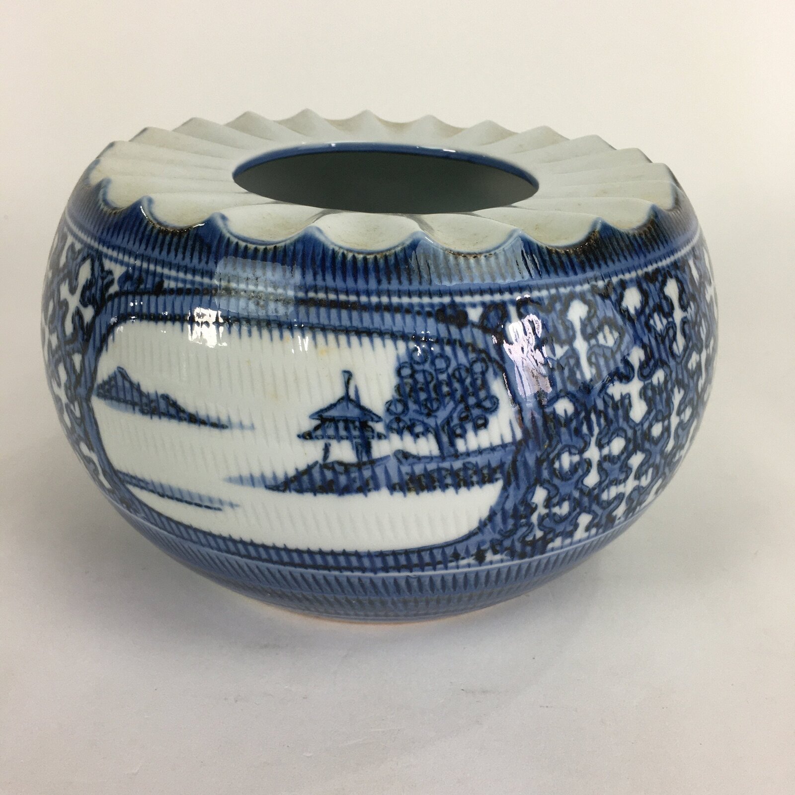 Japanese Porcelain Flower Vase Vtg Kabin Ikebana Sometsuke Blue White FV919