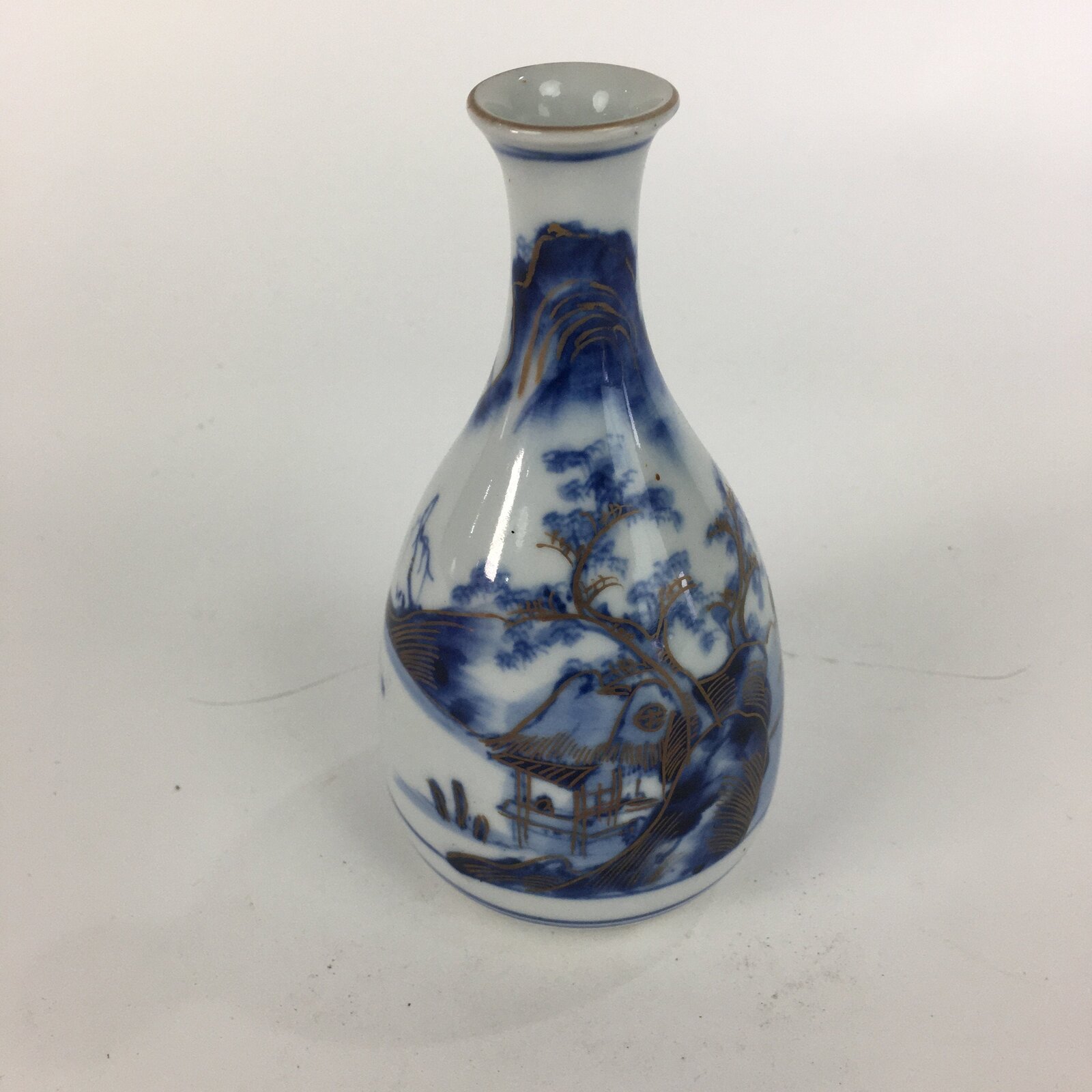 Japanese Porcelain Kutani ware Sake Bottle Tokkuri Vtg Gold Mountain Design TS30