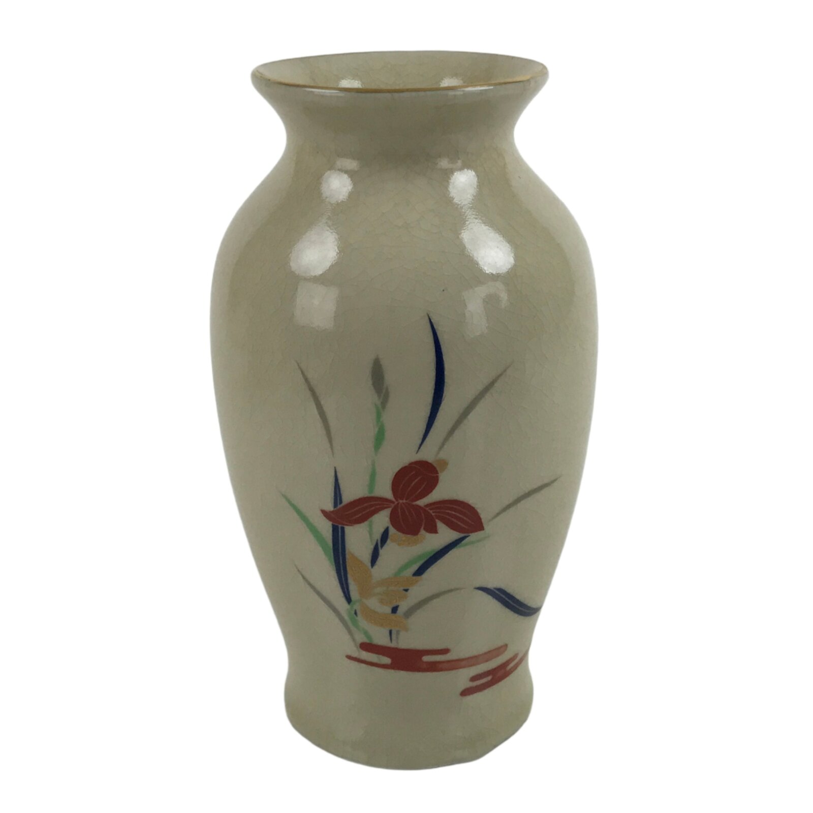 Japanese Porcelain Kyo Ware Flower Vase Vtg Ikebana Kabin Beige Iris Ayame FK124