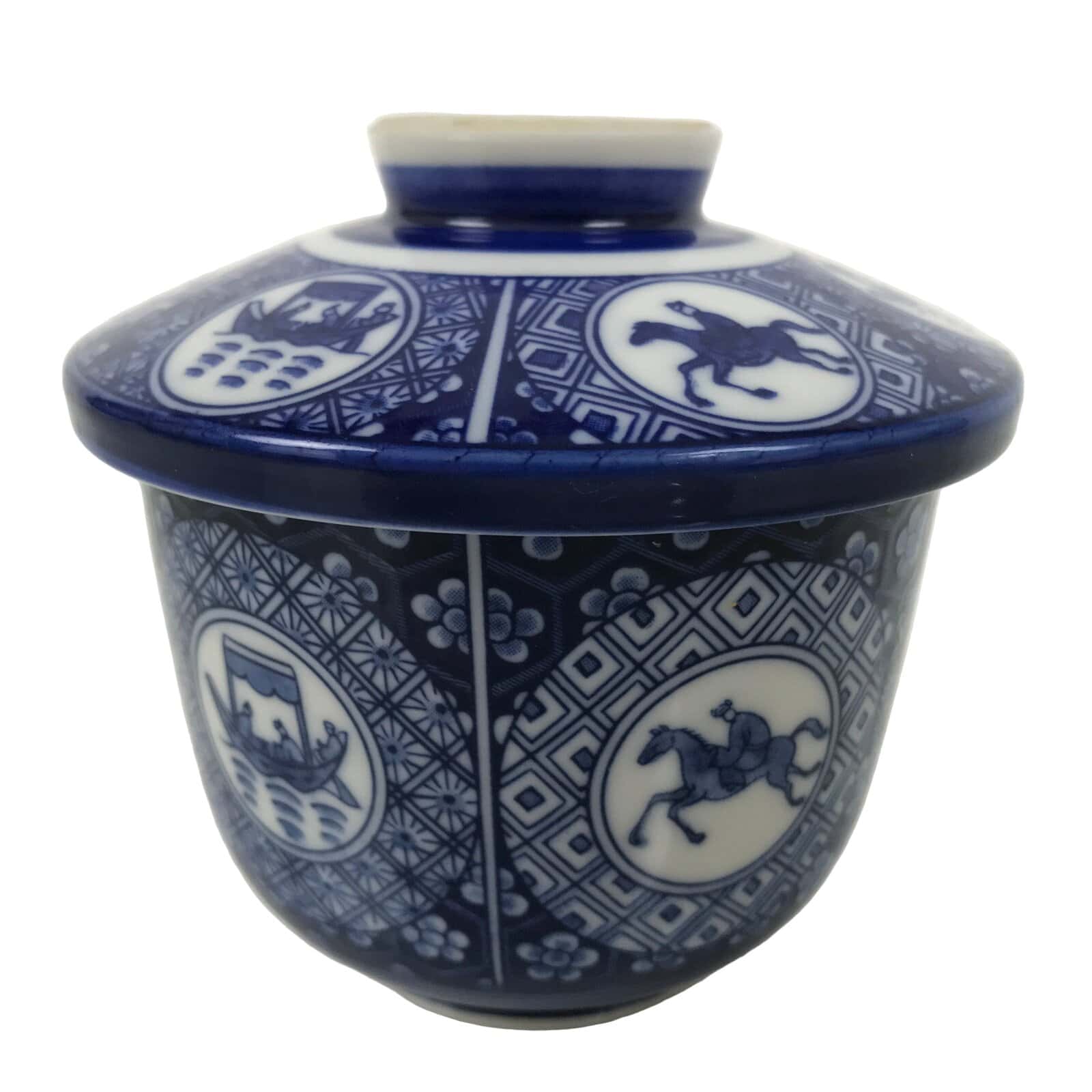 Japanese Porcelain Lidded Bowl Mushiwan Vtg White Blue Horse Boat Sometsuke Y455