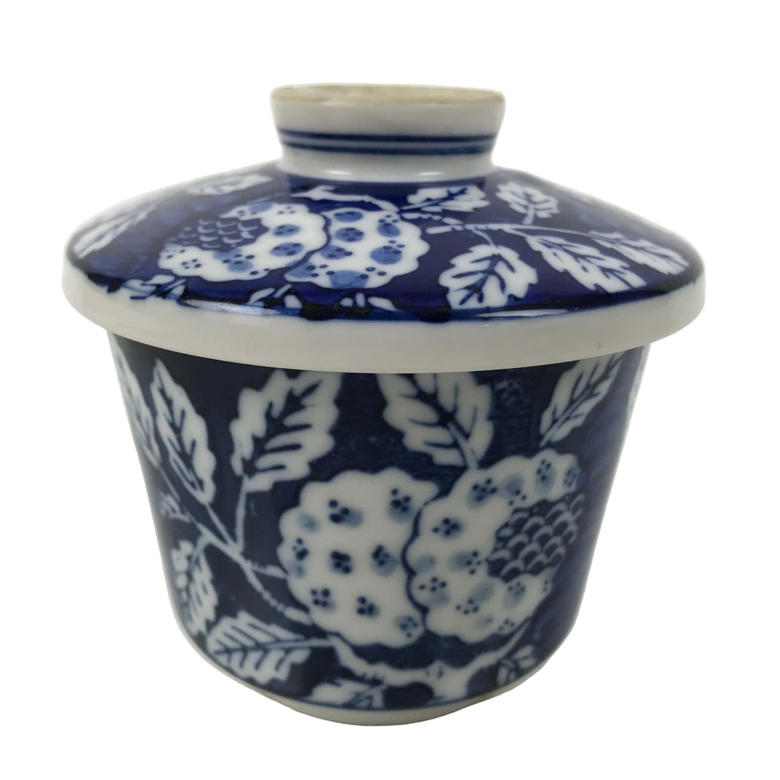 Japanese Porcelain Lidded Bowl Mushiwan White Blue Leaf Floral Sometsuke Y458