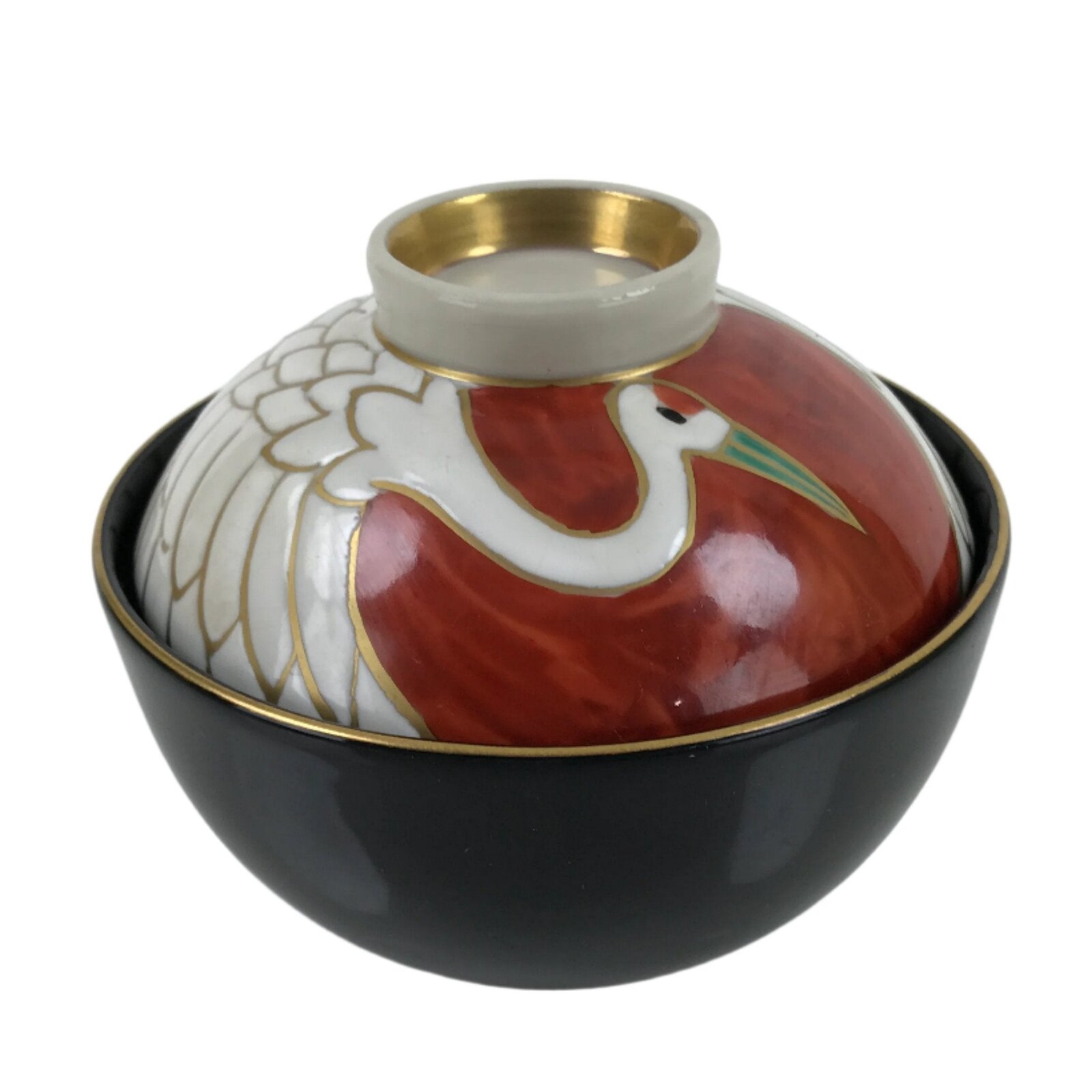 Japanese Porcelain Lidded Bowl Owan Vtg Kyo Yaki Kiyomizu Yaki Crane Black PX754