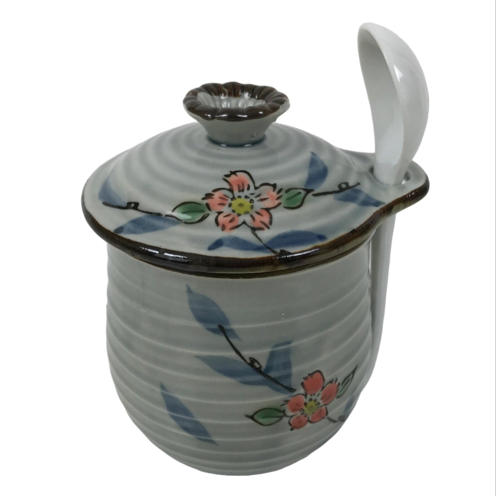 Japanese Porcelain Lidded Cup w/Spoon Pink Cherry Blossom Blue Container Y488