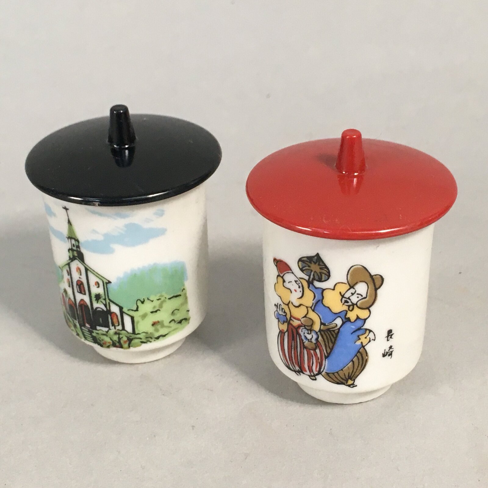 Japanese Porcelain Lidded Sake Cup 2pc Nagasaki Oura Church Christian PP412