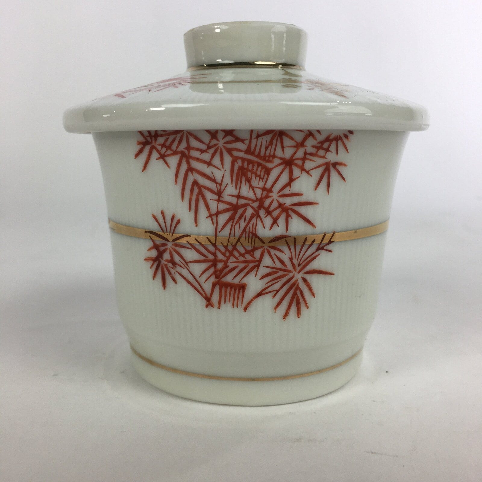 Japanese Porcelain Lidded Soup Bowl Cup Vtg Chawanmushi Red Bamboo PP526