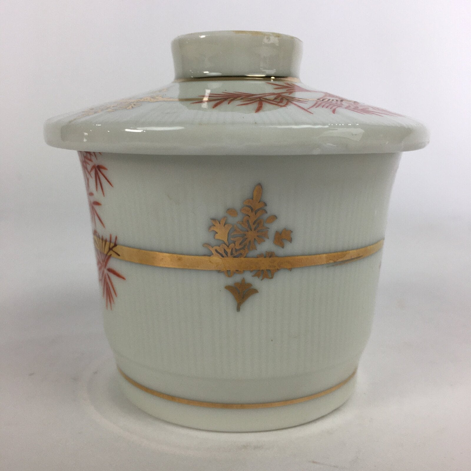 Japanese Porcelain Lidded Soup Bowl Cup Vtg Chawanmushi Red Bamboo PP526
